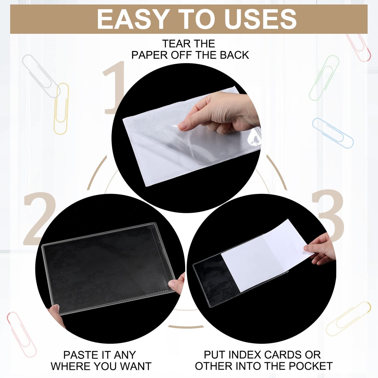Geyee 60 Pcs 5 x 8 Inch Self Adhesive Shop Ticket Holders Clear Plastic Sleeves Adhesive Labeling Pockets Job Ticket Holders Work Order Peel Stick Display Pockets for Office Planners Document Card