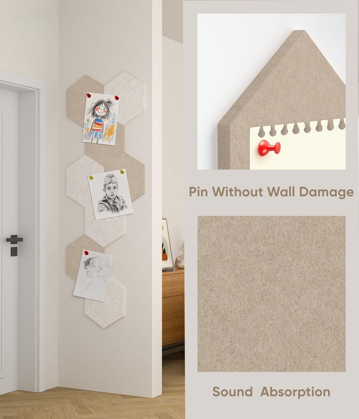 Toptople 12 Inch Large Hexagon Cork Board for Walls, 8 Pack Felt Bulletin Board Tiles, Pin Board with Push Pins for Office Photo and Note, Tan Mix