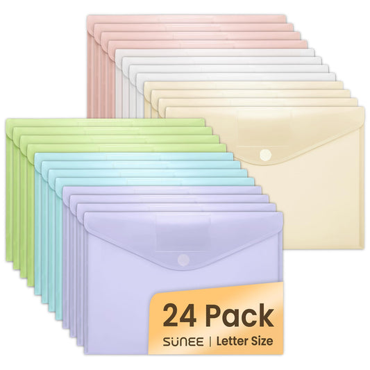 SUNEE 24 Pack Plastic Envelopes, Folders for Document for A4 Letter Size, Poly File Folders with Label Pockets for School Home Office Organizer Work Supplies, 6 Colors