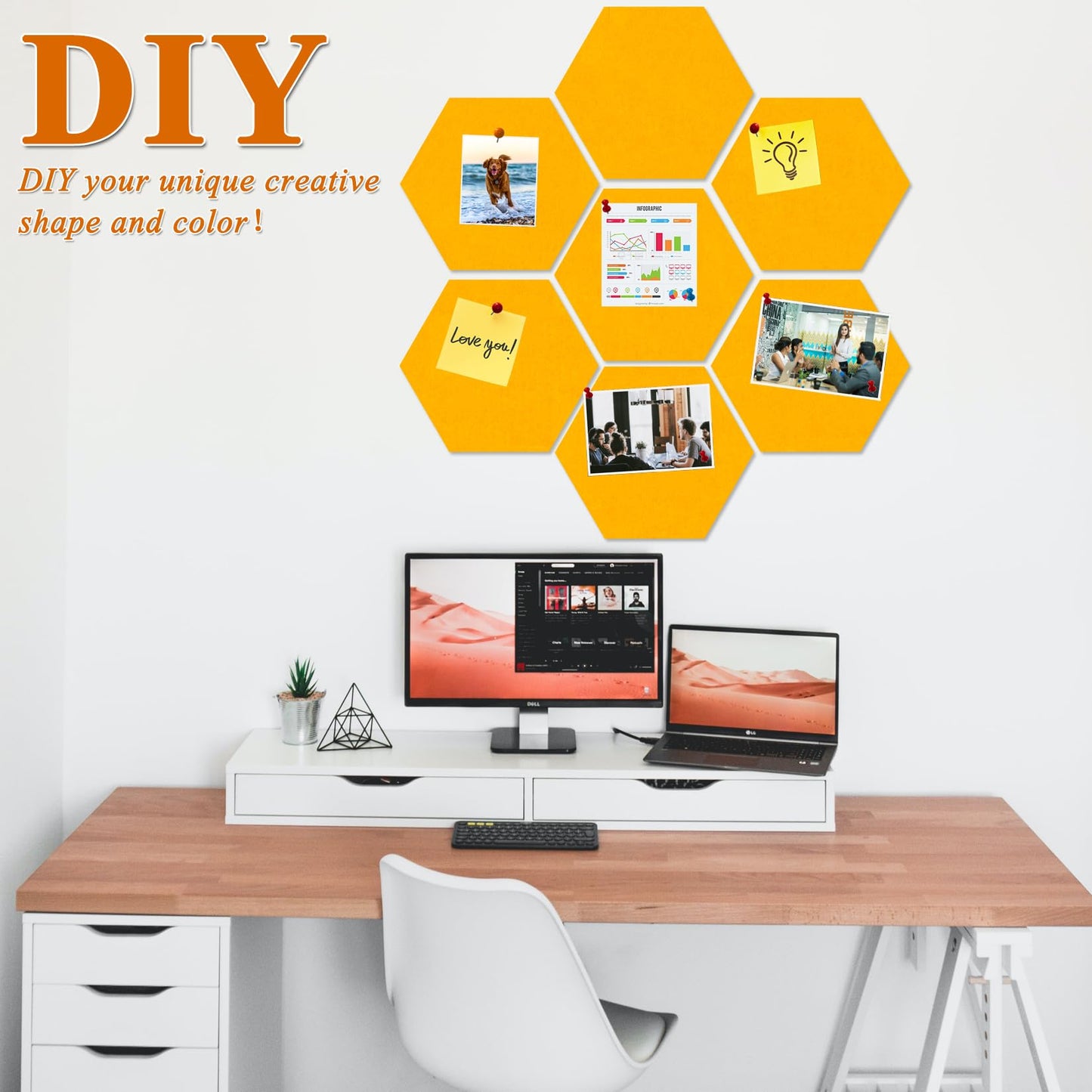HULAVO Large Hexagon Felt Cork Board Tiles, Self Adhesive DIY Felt Bulletin Board Pin Board with 35 Pushpins for Office School Home Wall Decor Stickers Memos Photos Display(Light Orange)