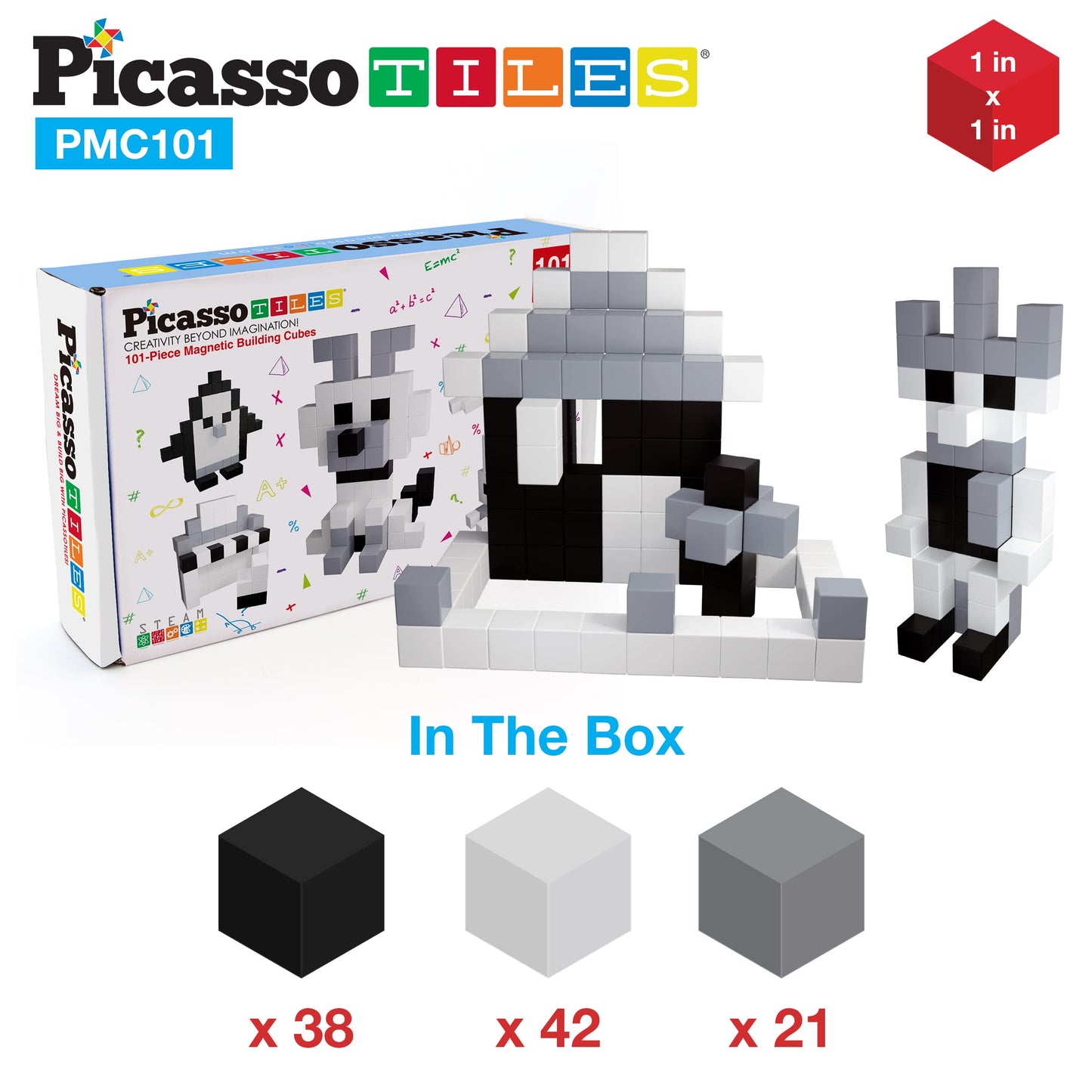 PicassoTiles 101pc Magnetic Puzzle Cube Set Black and White 1 Inch Construction Blocks STEM Educational Toy for Kids Age 3 Plus Sensory Learning Kit with Idea Book for Building and Creativity PMC101