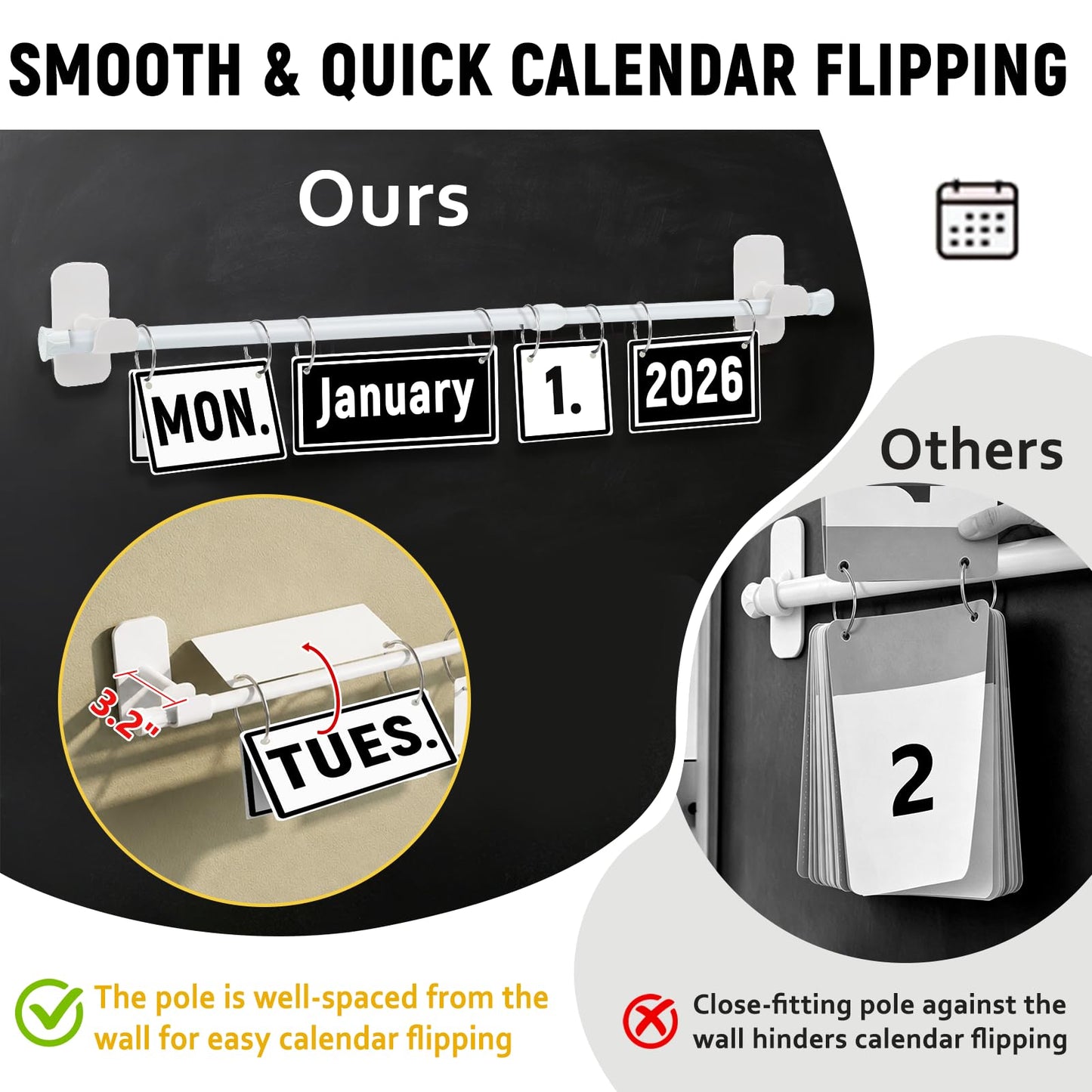 Upgraded 2-in-1 Flip Calendar for Classroom with Magnetic & Adhesive Fixing, Adjustable Magnetic Rod Flip Calendar for Whiteboard, Black and White Classroom Decor Bulletin Board Set (Black and White)