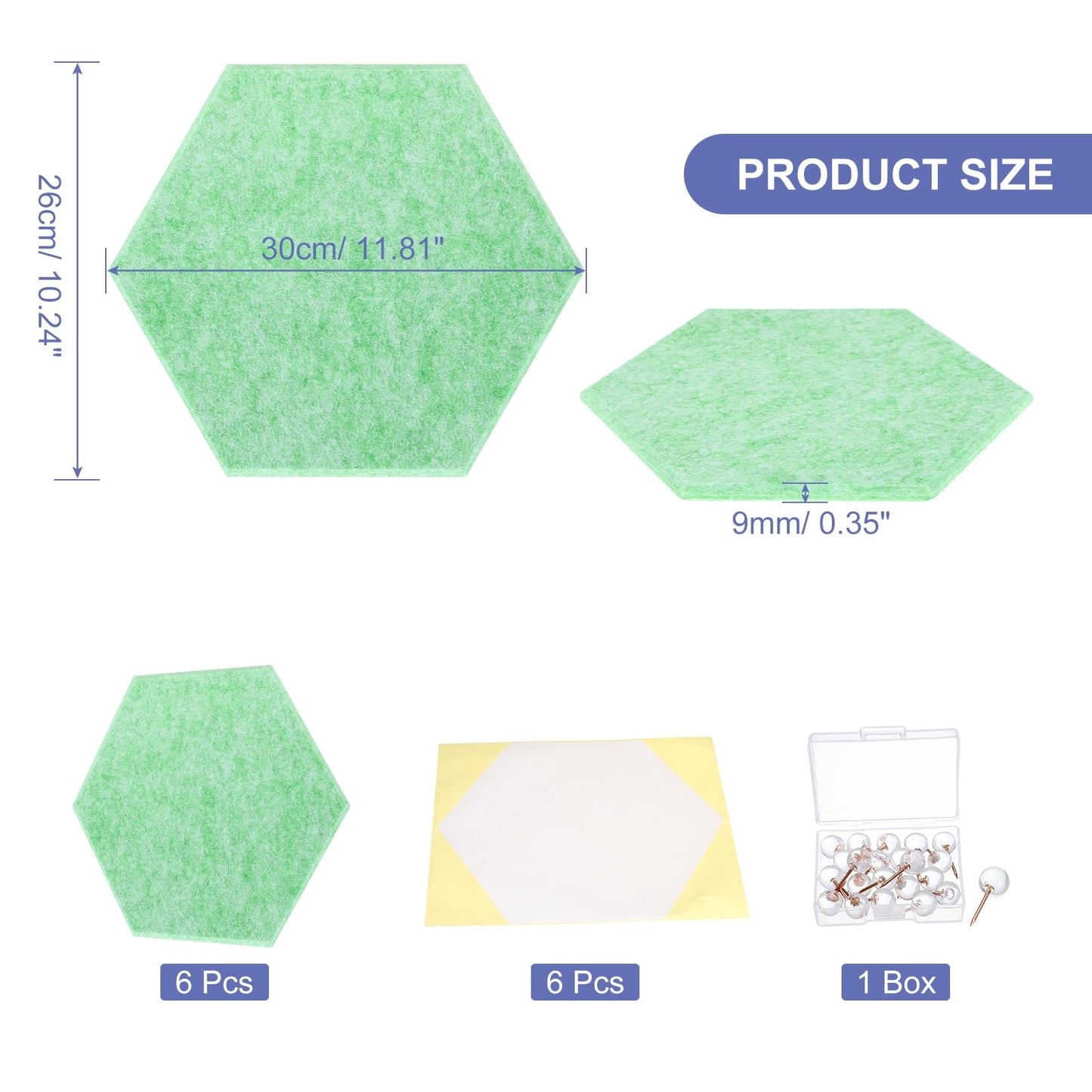 PATIKIL Felt Bulletin Board, 12"x10", 6 Packs Self Adhesive Hexagon Felt Tiles for Sound Proofing Wall Panels for Home Office Recording Studio,Game Room, Light Green