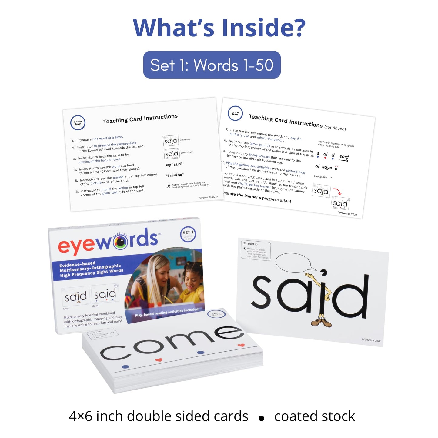 Eyewords Sight Word Flash Cards with Sound Mapping & Phonics, Set 1 (High-Frequency Words 1–50) - Picture-Embedded, Multisensory Learning for Pre K - Grade 3 - Homeschool & Classroom Use - Model EW-25