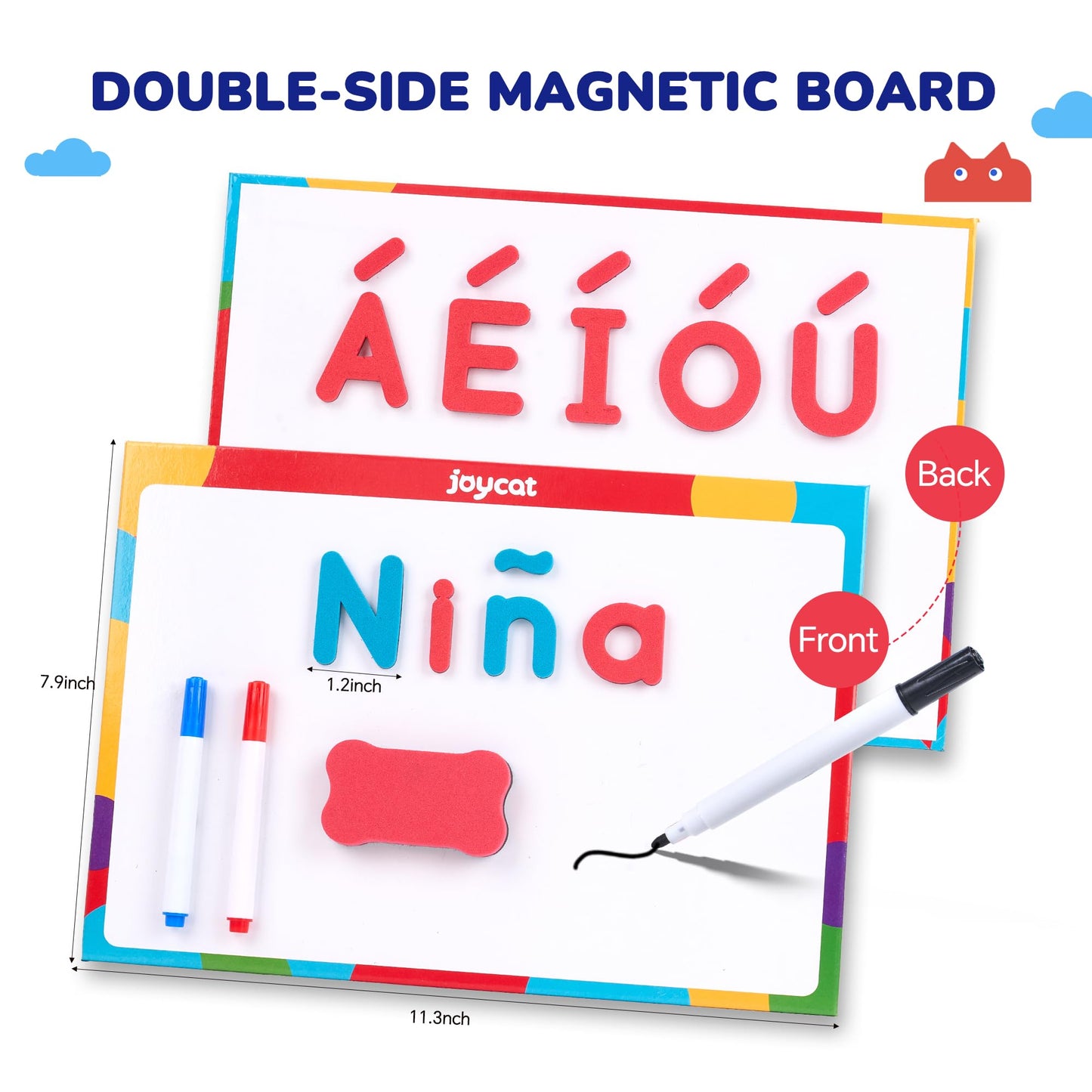 JoyCat Bilingual Magnetic Letters Kit 255 Pcs – Spanish & English Foam Alphabet Set with Double-Side Magnet Board, ABC Learning for Kids Spelling, Phonics & Language Practice