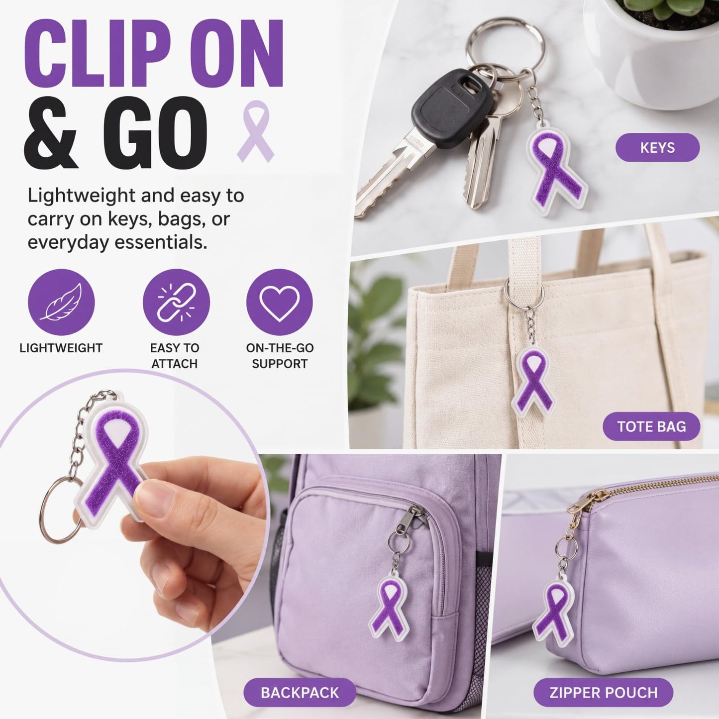 Kenning 12 Pcs Purple Ribbon Awareness 3D Sensory Clicker Fidget Keychains Bulk Support Gifts for Women Campaigns Lupus Fibromyalgia Domestic Violence Awareness Charity Fundraising Party Favors