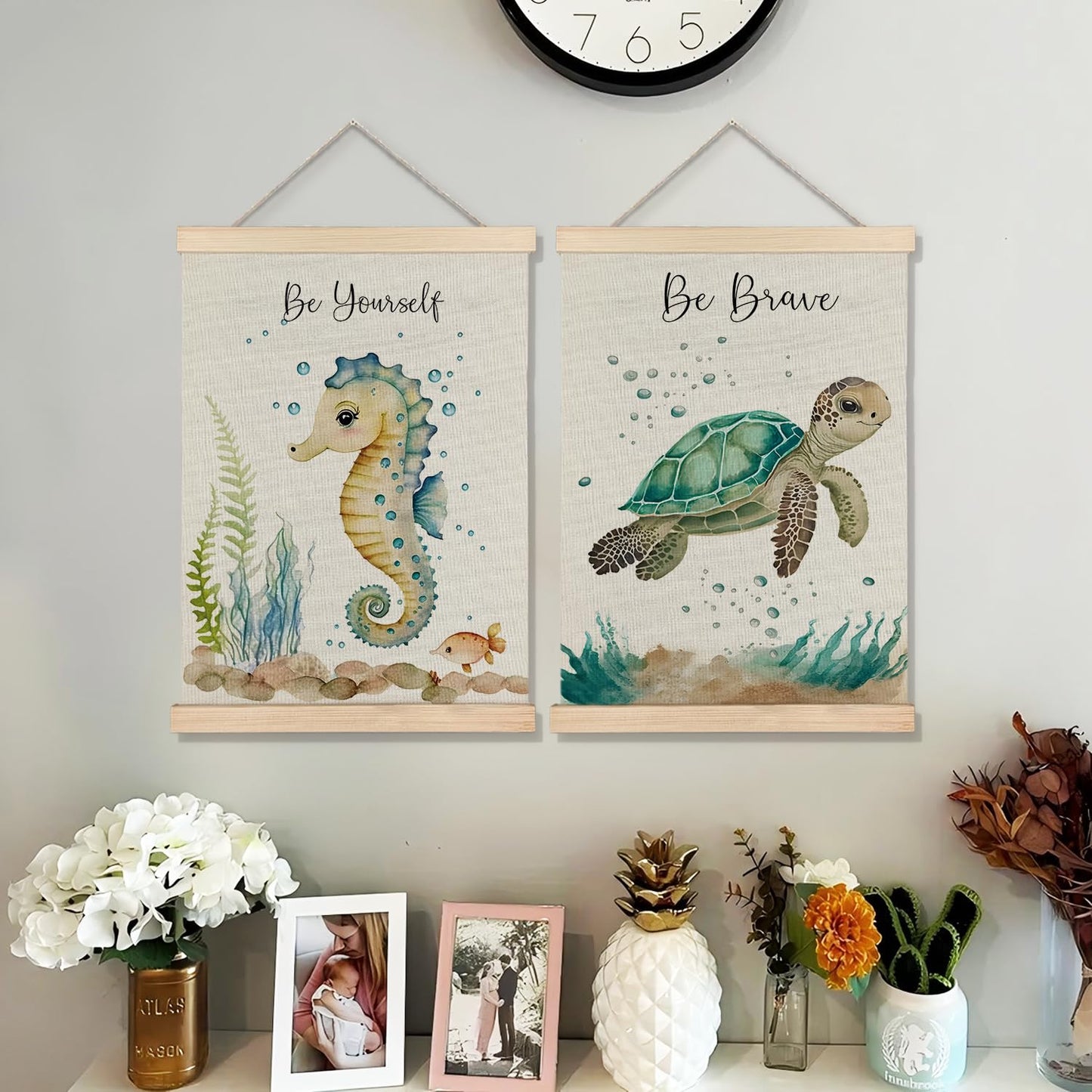 BearCake Ocean Nursery Decor, Sea Turtle Seahorse Under the Sea Wall Art Poster Hanger Frame, Inspirational Beach Nursery Canvas Prints Framed Wall Decor for Kids Room Playroom, 12x16 Inch Set of 2
