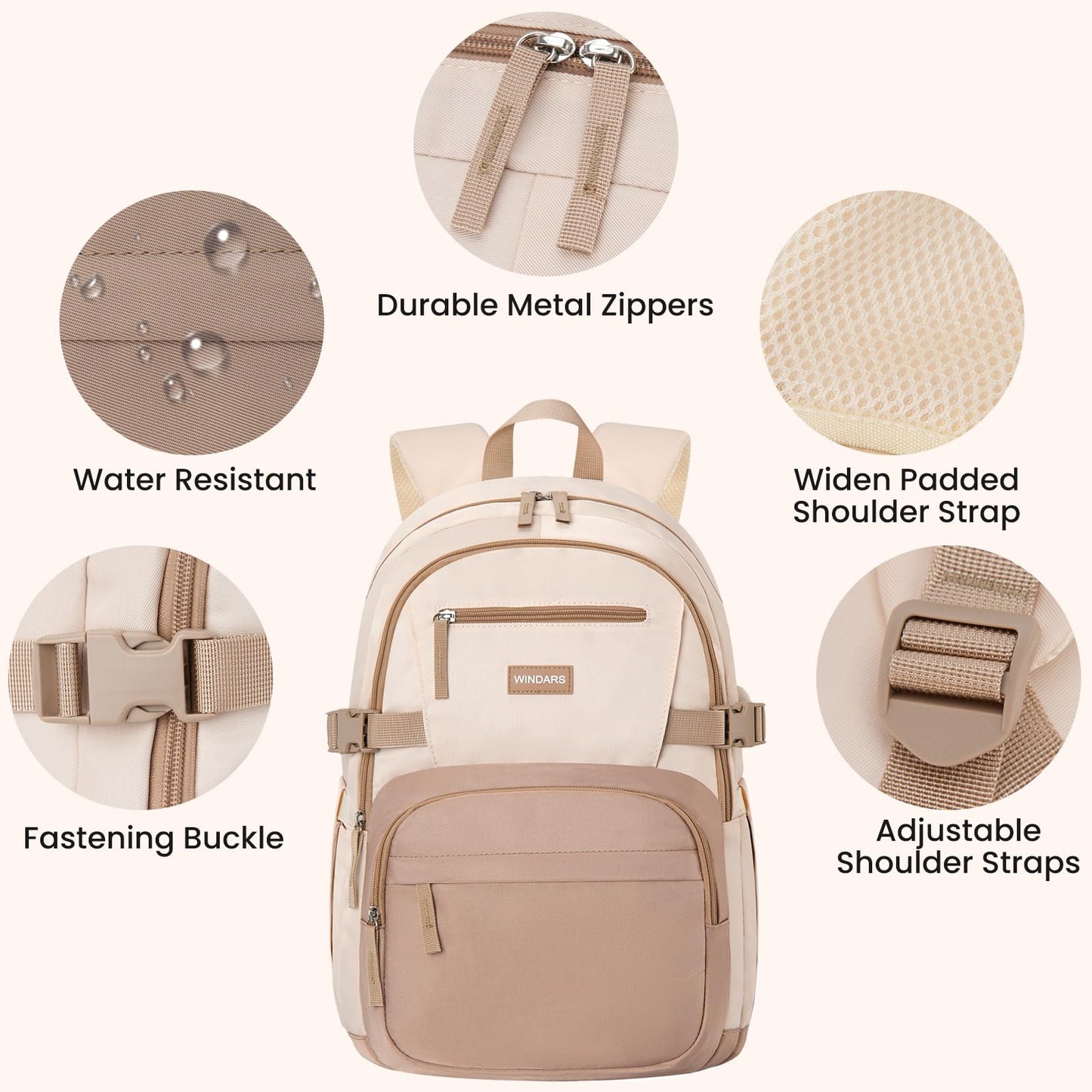 WINDARS Backpack for School Girls, Cute High School Backpacks for Teens Women Student Large Bookbag 15.6 Inch Laptop Bag with USB Charger Port for College Work Travel Trip (Khaki Beige)