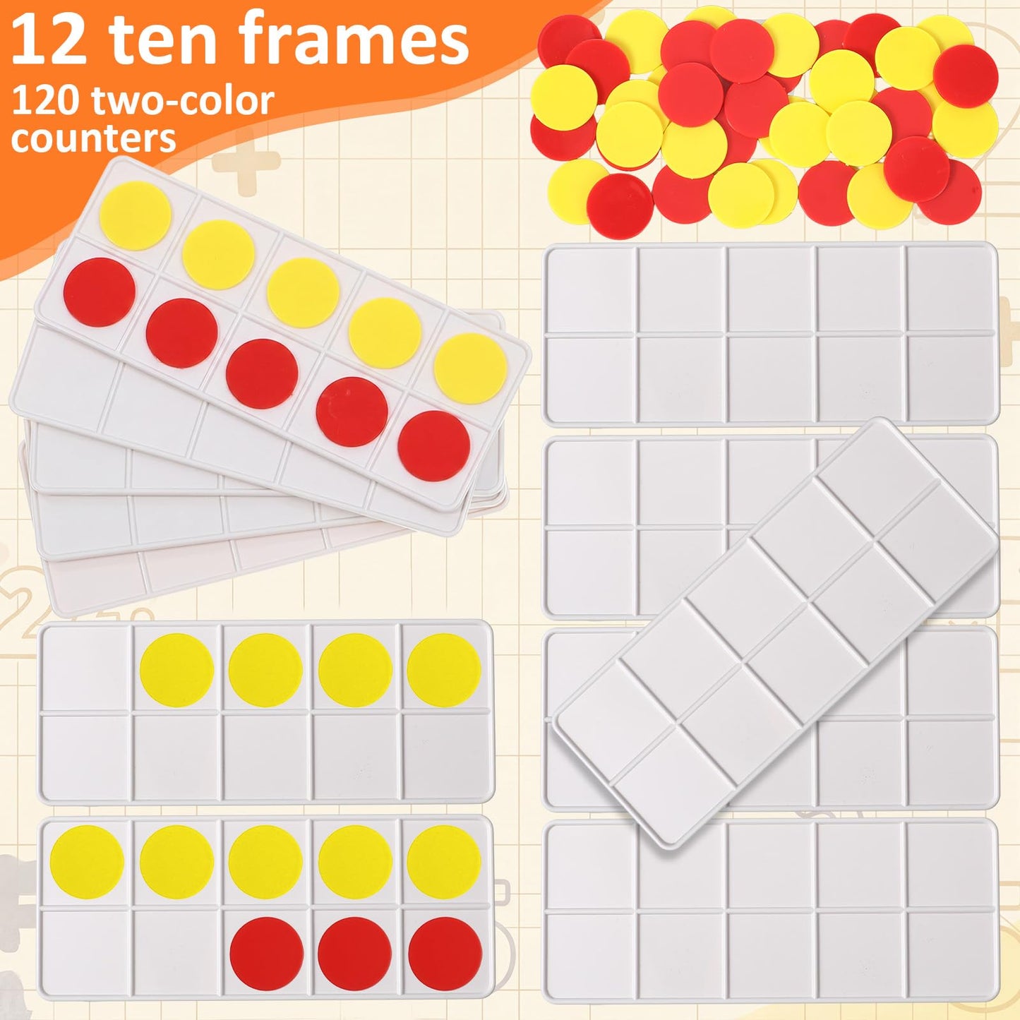 Soulchen 12 Sets Plastic Ten Frames for Classroom Math Manipulatives for Kids Classroom Math Counters Supplies Including 12 Plastic Ten Frames, 120 Counters for Teach Number Concepts (Red, Yellow)