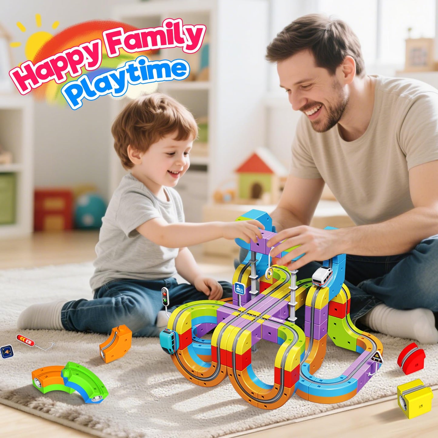 Electric Train Set for Kids, 110PCS 3D Racing Track Sets with Electric Train, Traffic Signs, STEM Train Toys Birthday Gifts for Boys and Girls Age 3+ Years Old