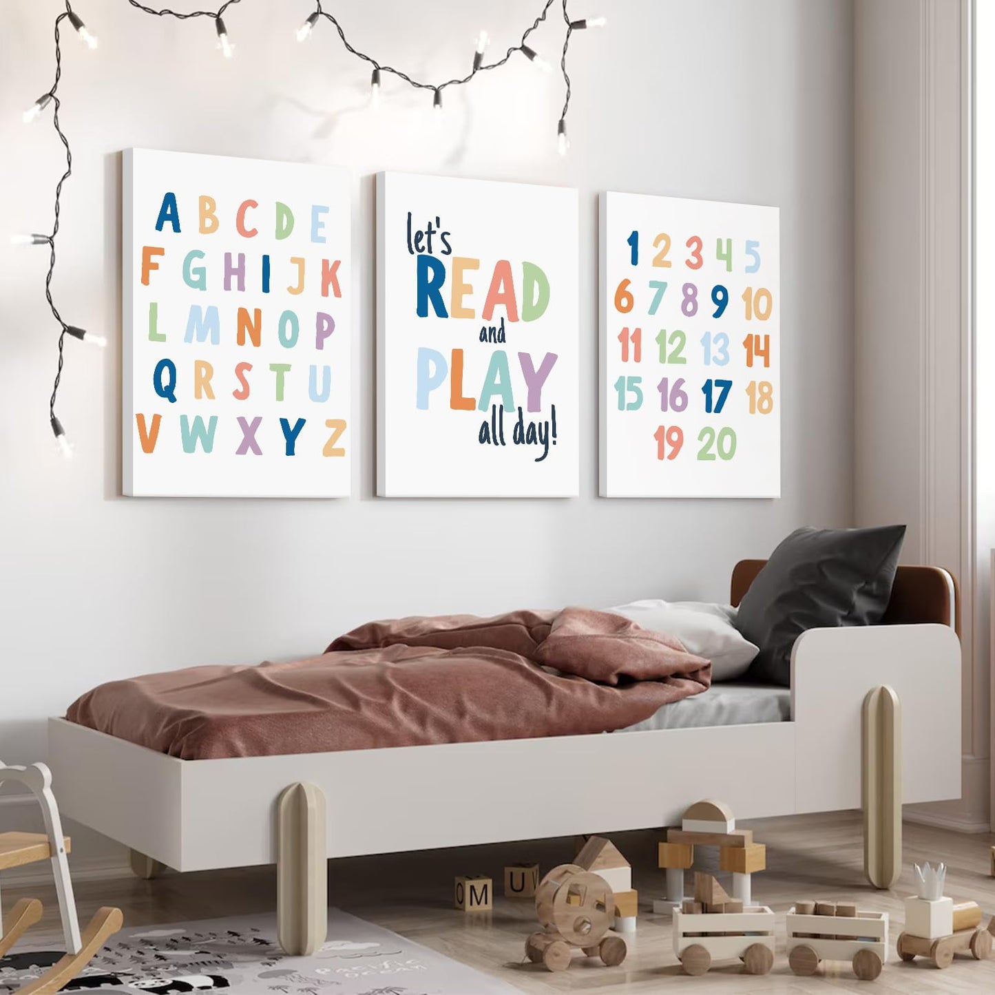 Kids Playroom Wall Art Decor Alphabet Poster Play Room Canvas Wall Decor ABC Nursery Wall Art 123 Toddler Poster Let's Read for Boy Girl Room 12x16 Inch Framed Set of 3
