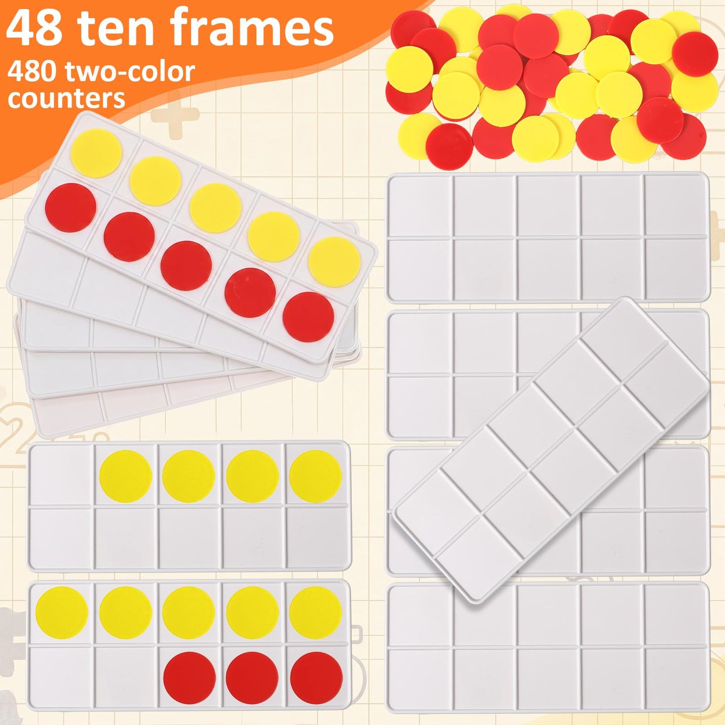 Soulchen 48 Sets Plastic Ten Frames for Classroom Math Manipulatives for Kids Classroom Math Counters Supplies Including 48 Plastic Ten Frames, 480 Counters for Teach Number Concepts (Red, Yellow)