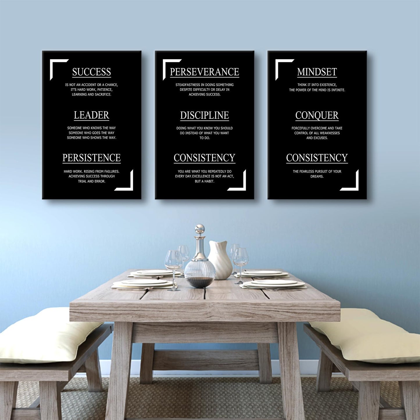 YSPCSUN Triptych Wall Decor Inspirational Posters for Office, Black White Discipline Consistency Quote 3 Panel Canvas Prints for Home Office Dorm Classroom, 48x24 Inch Display