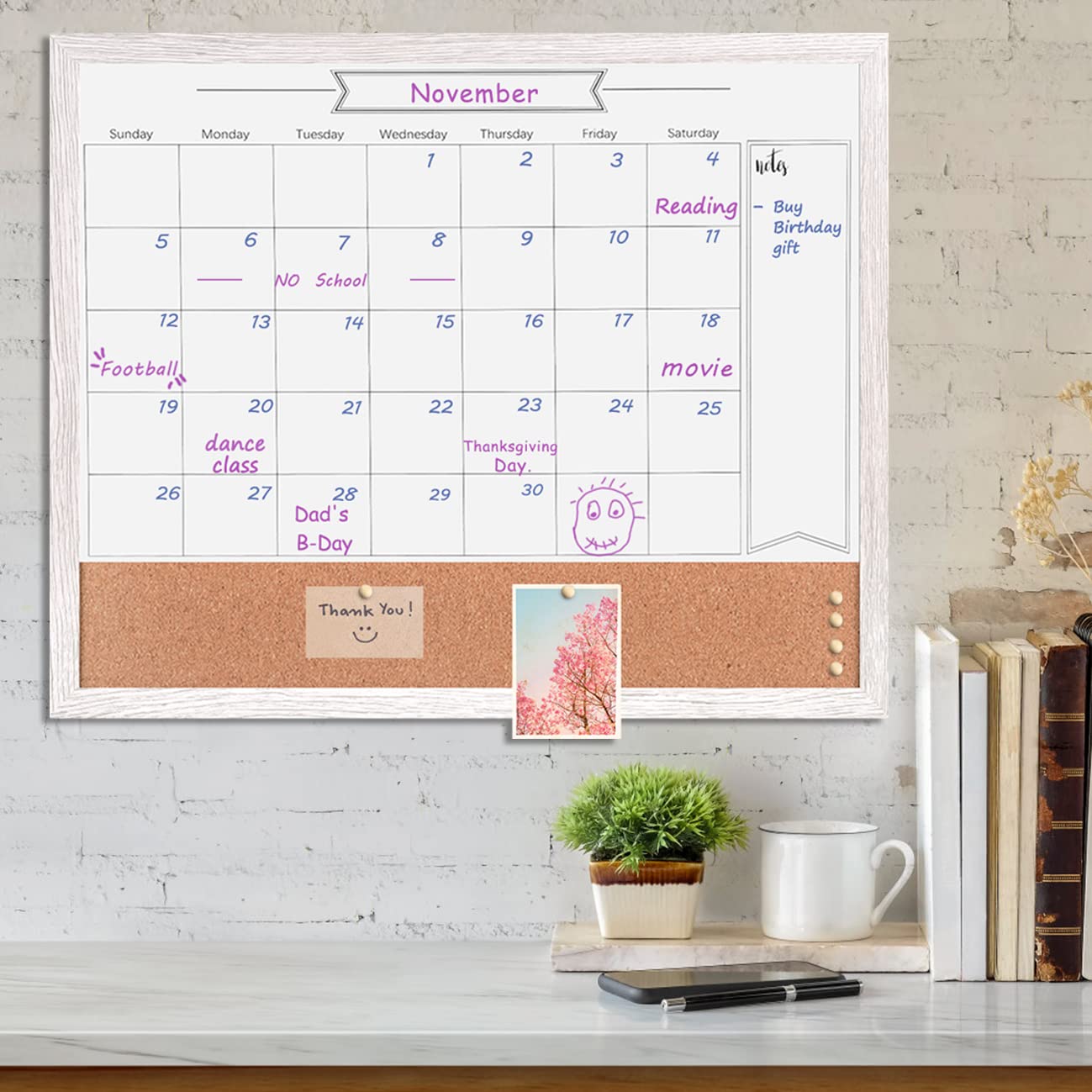 Dry Erase Calendar Whiteboard for Wall, Large Combination Magnetic Dry Erase White Board & Bulletin Board, 23.6" x 31.5" Wood Framed Calendar/Cork Combo Board(WH-6080)