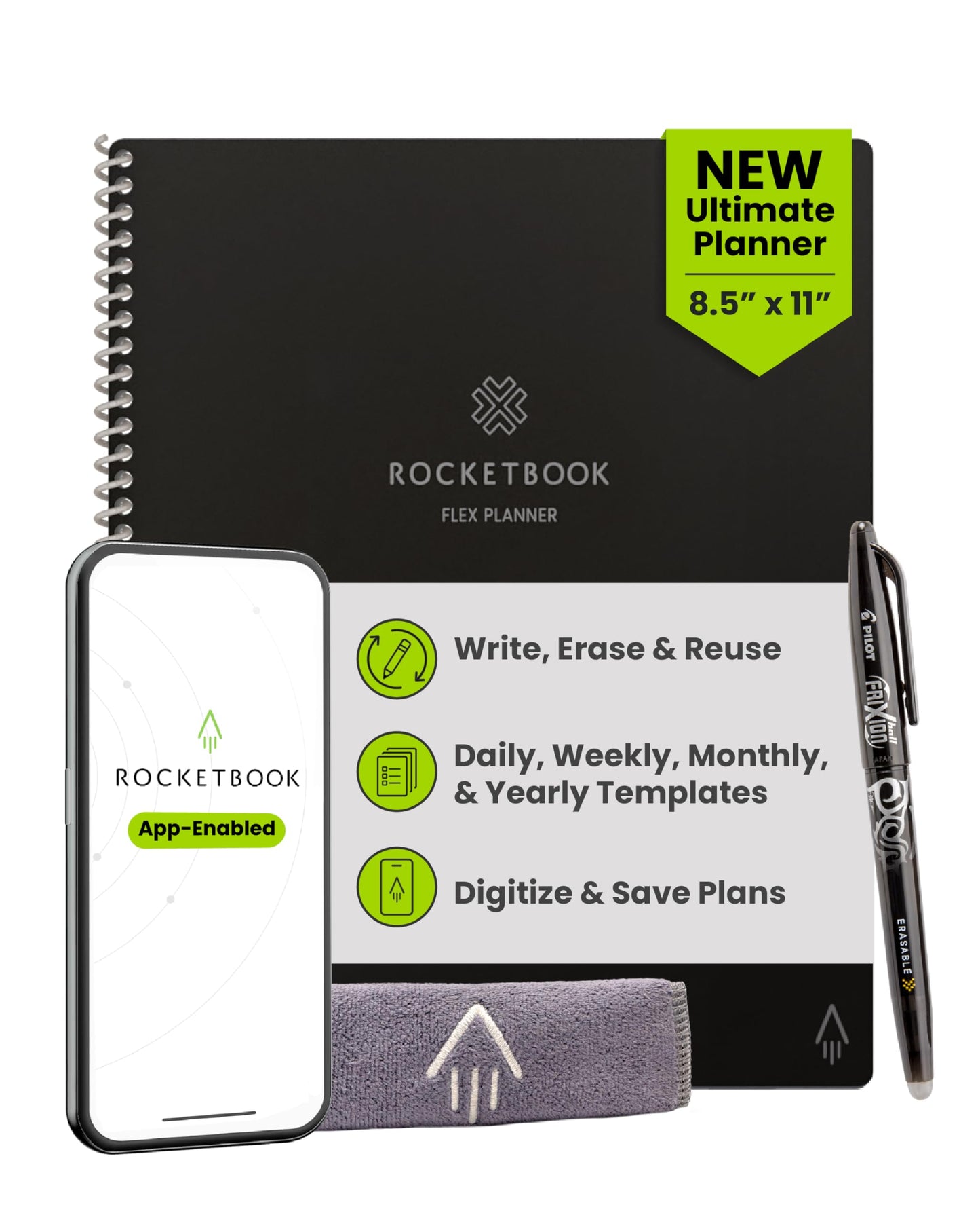 Rocketbook Flex Reusable Planner, Smart Undated, Daily, Weekly, Monthly, Annual Calendar Templates, Letter Size 8.5x11, Black (Pack of 1)