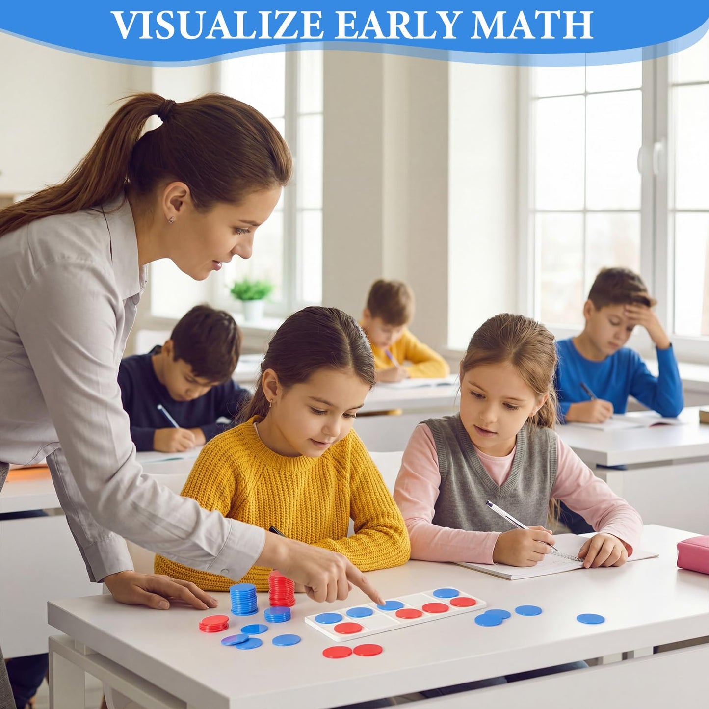 Soulchen 48 Sets Plastic Ten Frames for Classroom Math Manipulatives for Kids Classroom Math Counters Supplies Including 48 Plastic Ten Frames, 480 Counters for Teach Number Concepts (Red, Blue)