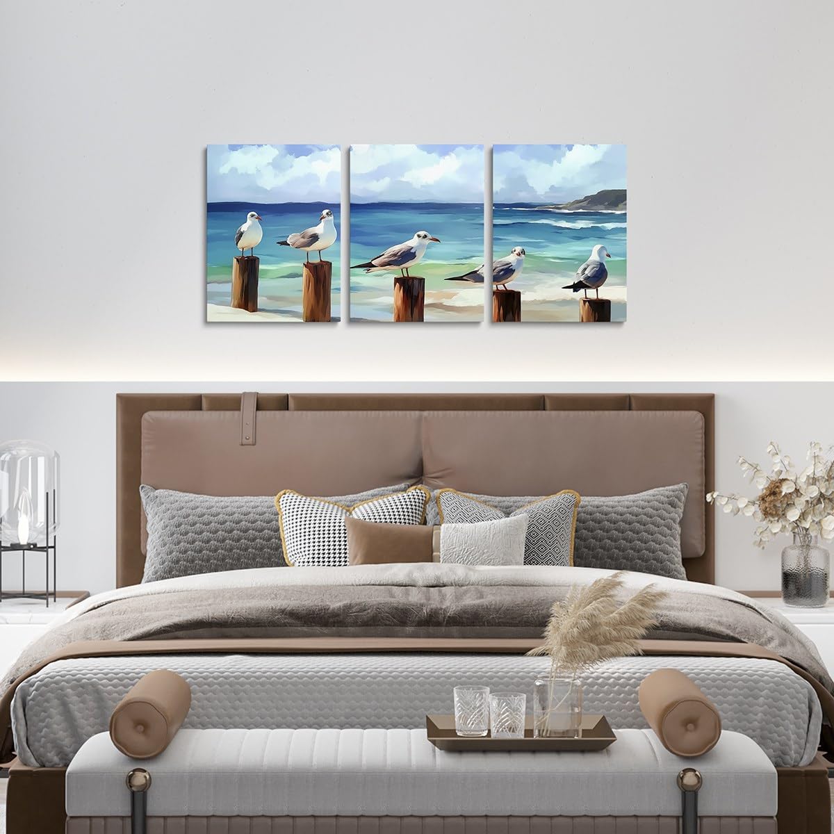 jejeloiu Seagull Blue Canvas Wall Art for Living Room Bedroom 12"x16"x3pcs Ocean Bird Picture Wall Decor for Bathroom Coastal Beach Office Decorations Artwork Posters Marine Life Sea Painting