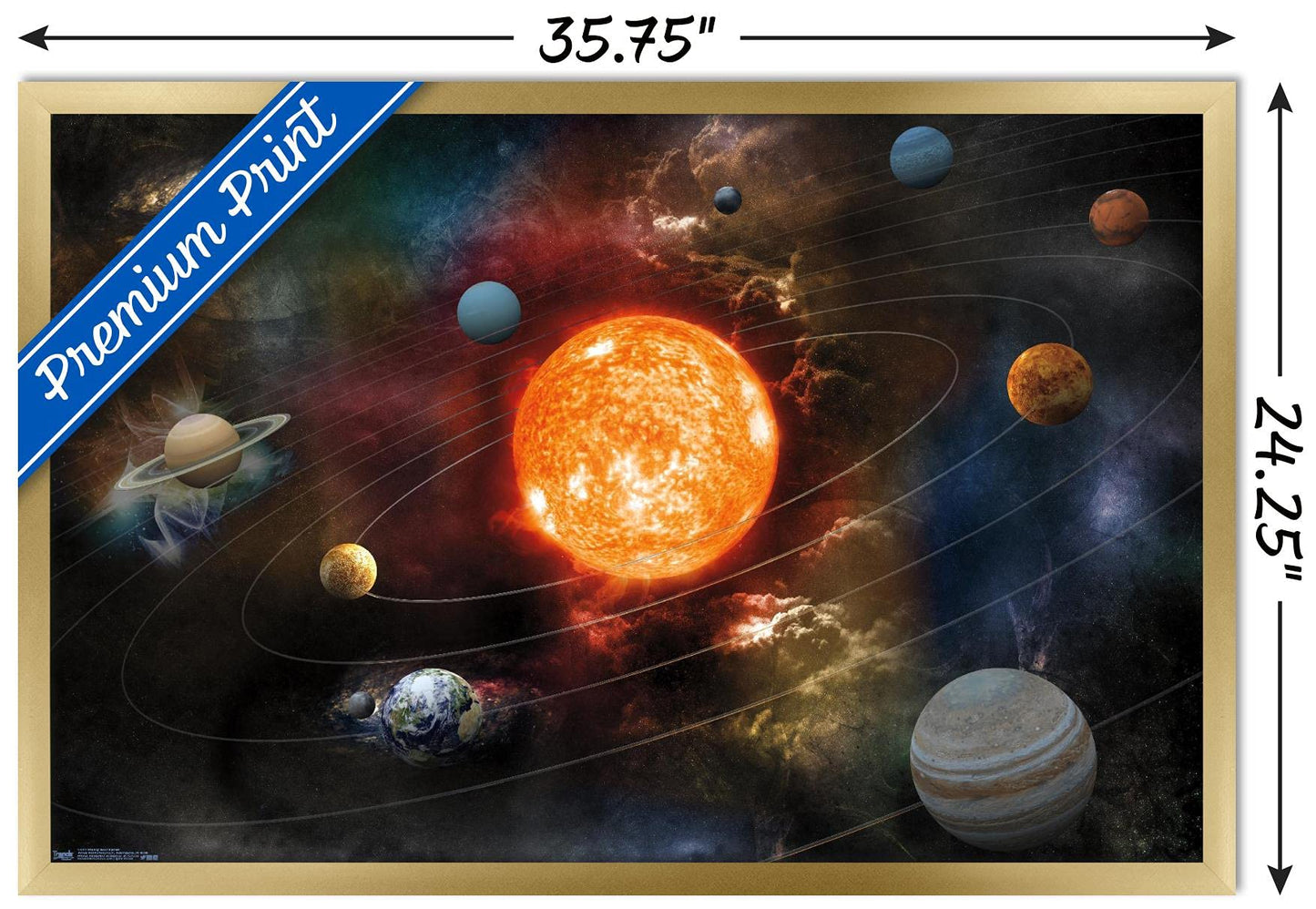 Orbiting Solar System Wall Poster, 34L" x 22.4W", Gold Framed Version