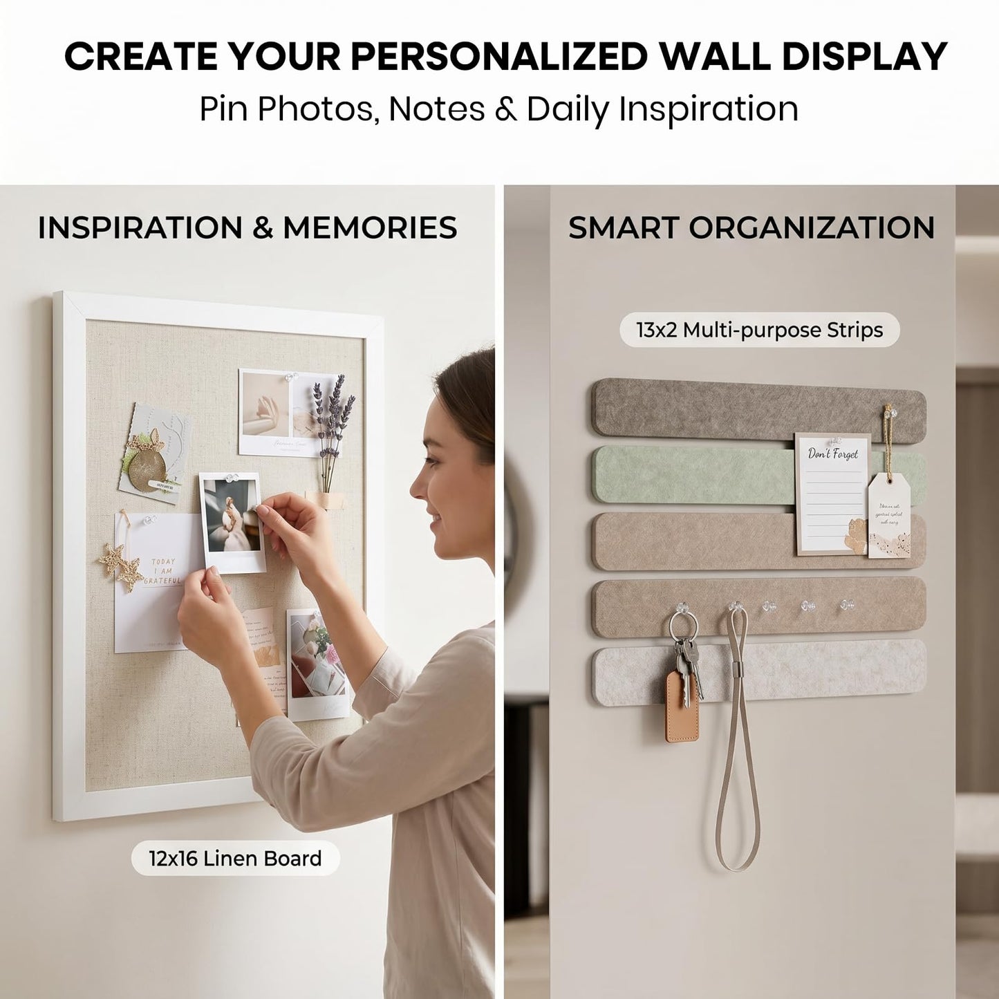 OKSON Bulletin Board Set, 2-Pack 12"x16" Framed Linen Cork Boards for Walls & 8-Pack Felt Strips, Decorative Pin Board & Vision Board for Home Office Decor, Includes Push Pins & Hardware