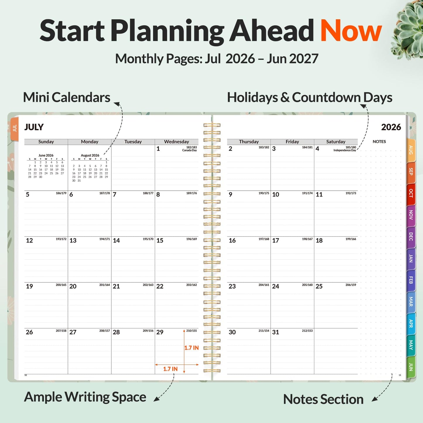 SUNEE Academic Planner 2026-2027 – Weekly & Monthly Planner, July 2026 to June 2027, 8.5"x11", Thick Paper, Tabs, Pockets, Bookmark, Spiral-Bound, Student Teacher Organizer, Green Wildflowers