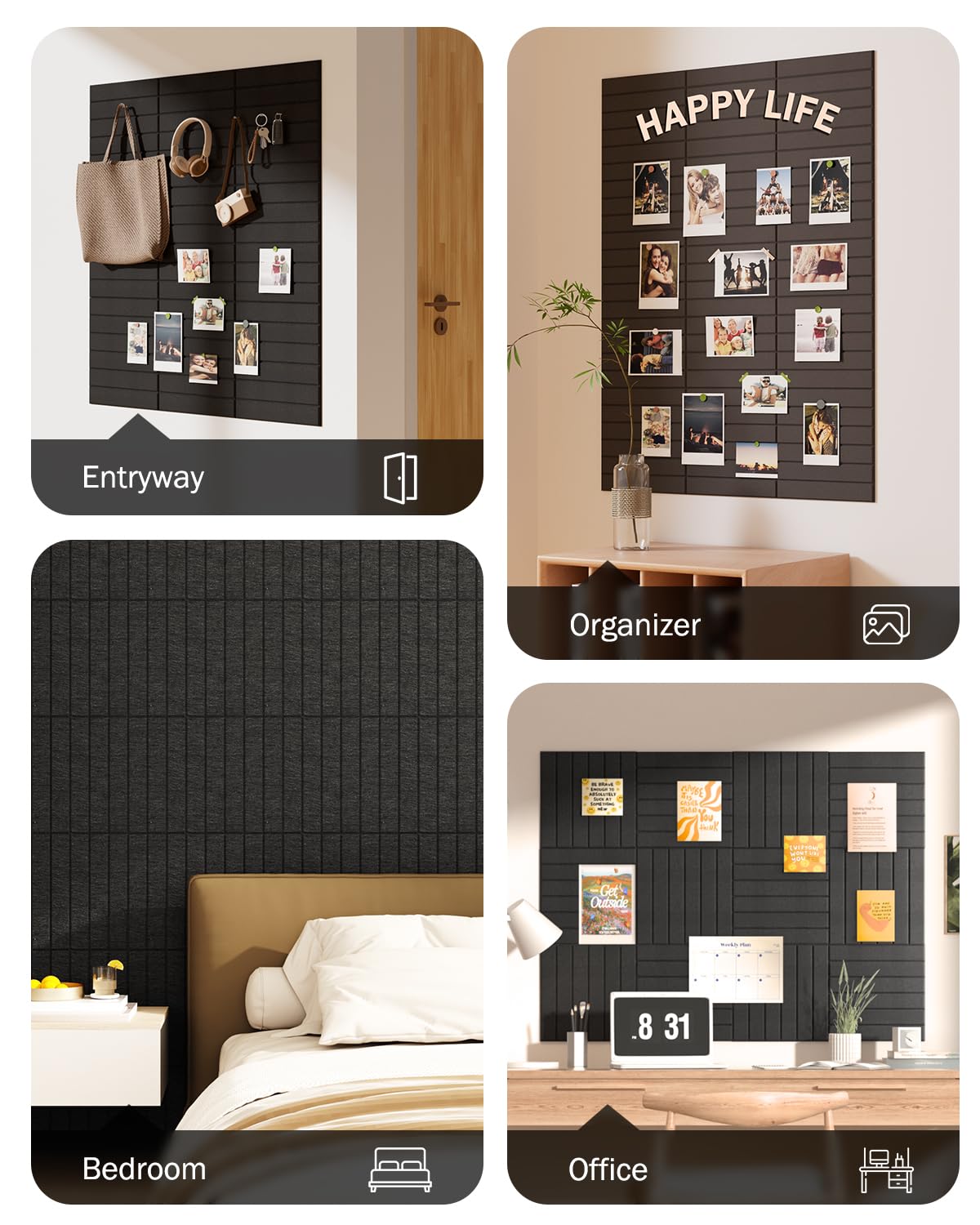 Woovio Large Cork Board, 48" X 36" Bulletin Board, 12 Pack Felt Pin Boards Cork Boards for Walls Office Home Decor, Classroom with 60 Safe Removable Adhesive Tabs Black