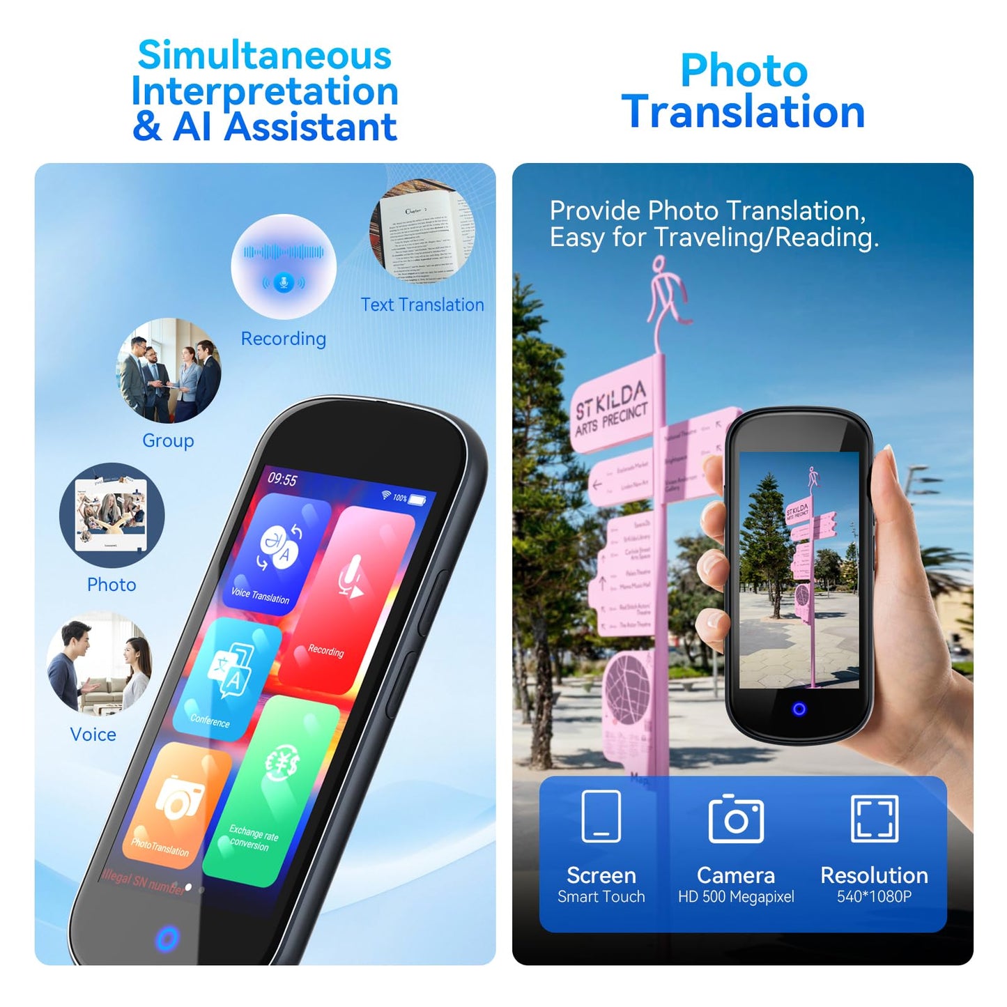 Language Translator Device No WiFi Need,Two-Way AI Voice Translator, Real Time of 137 Language,Text/AI/Offline/Photo Instant Translation Device for Travel Business Learning-Light Grey