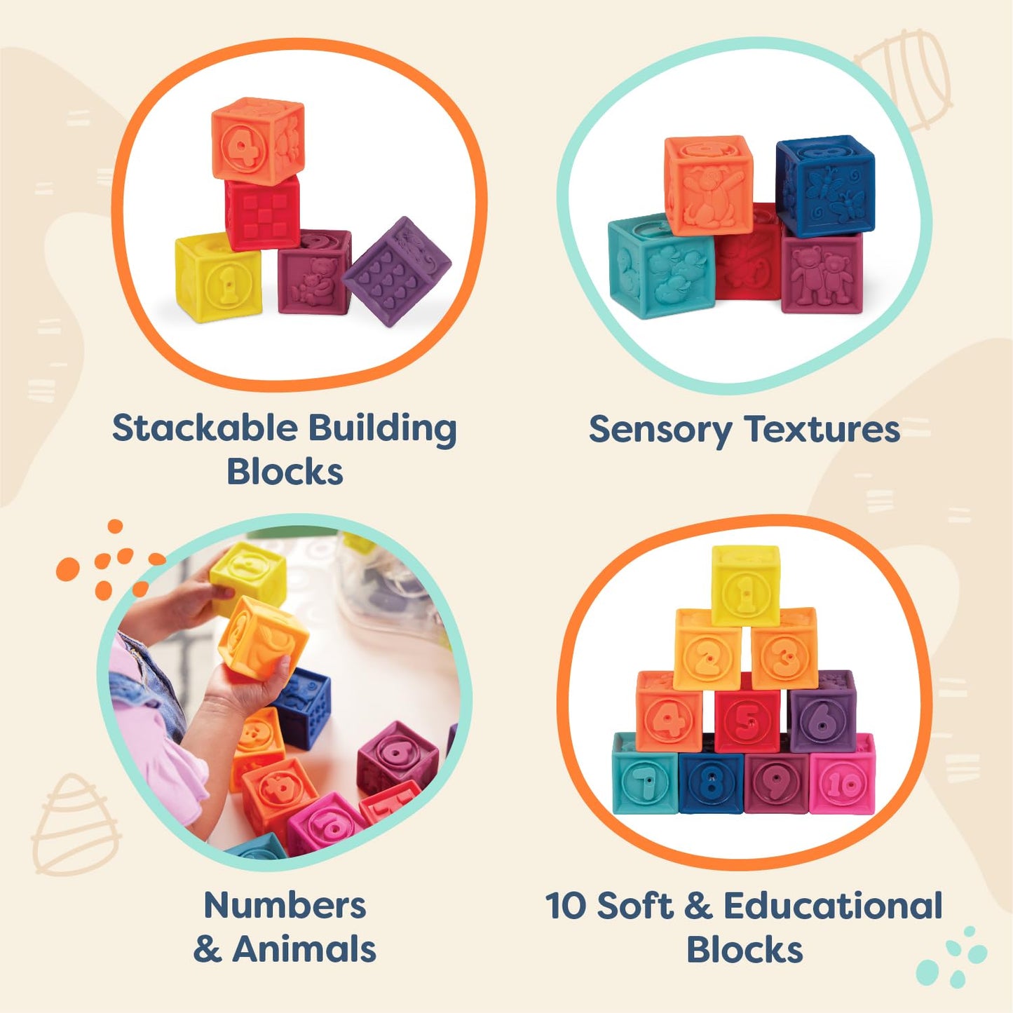 B. toys – Baby Blocks – Stacking & Building Toys for Babies – 10 Soft & Educational Blocks – Numbers, Shapes, Colors, Animals – One Two Squeeze – 6+ Months
