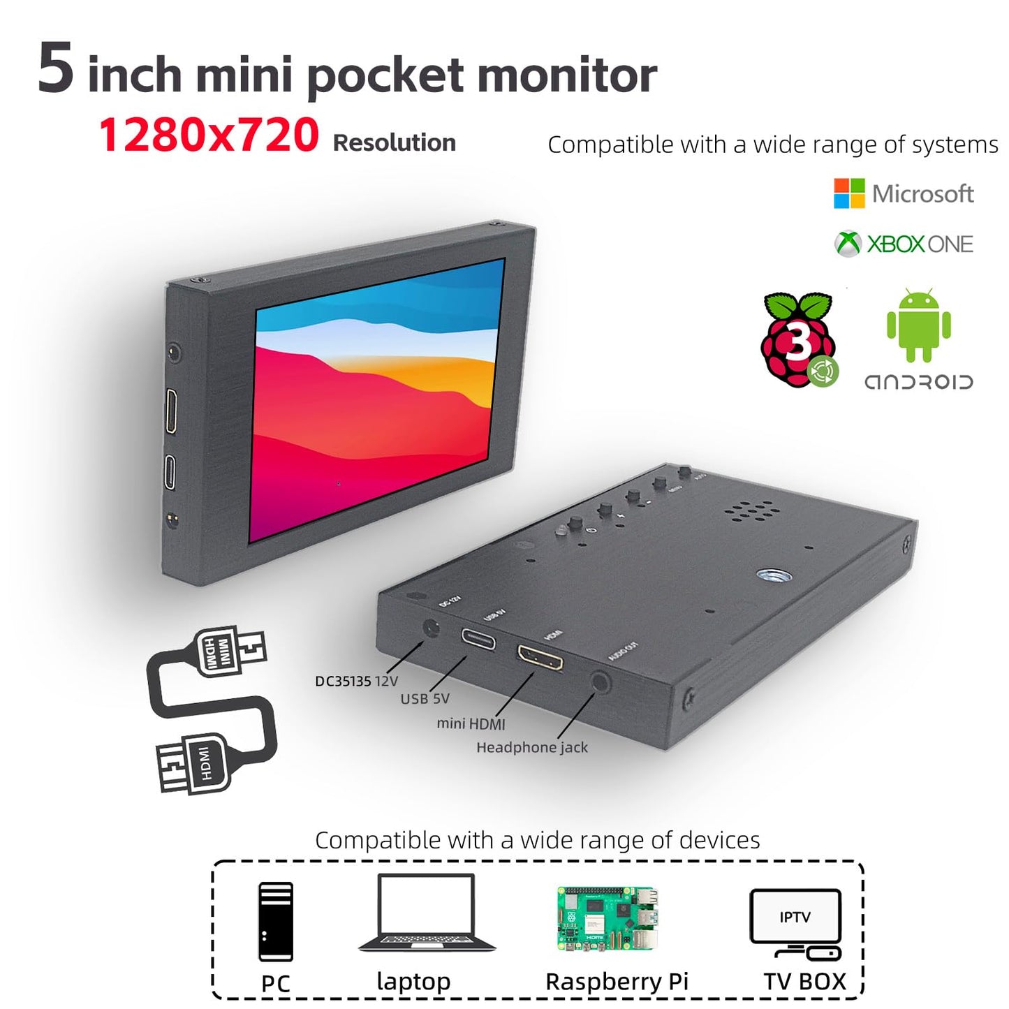 VIEWMEI 5 inch IPS Small Hdmi Monitor 1280 * 720 Mini LCD Screen Portable Display Monitor
