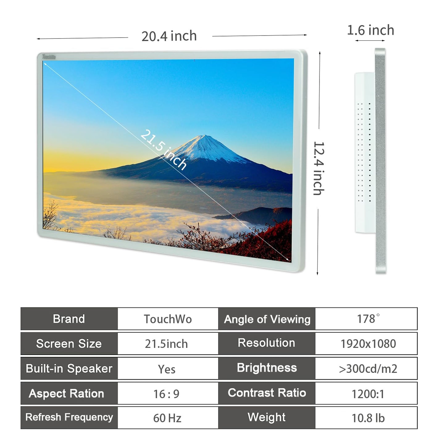 TouchWo Capacitive Multi-Touch Screen Industrial Monitor, 16:9 Display, Built-in Speakers, USB, VGA, DVI & HD-MI Ports, Digital Signage Displays and Player for Advertising (21.5-Inch White)