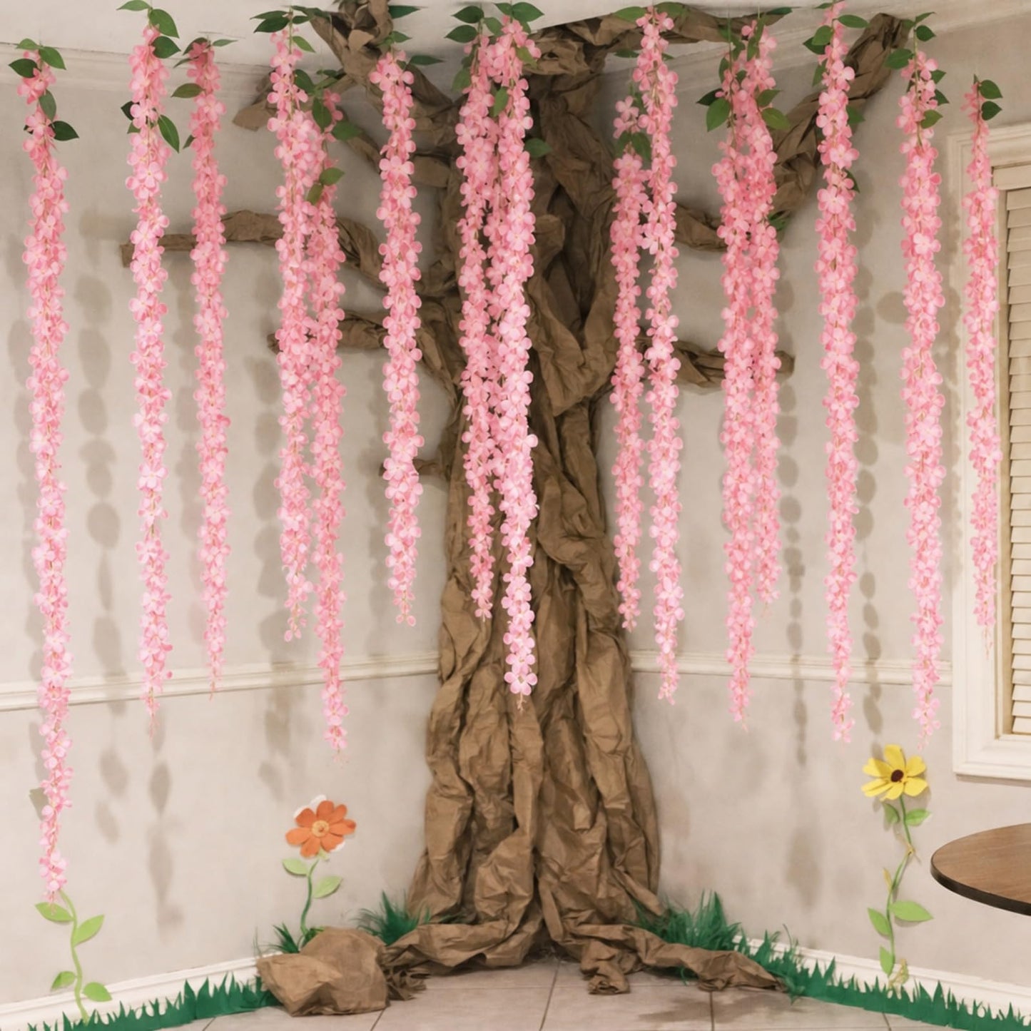 Suncalla Classroom Tree Bulletin Board Set DIY 3D Classroom Ceiling Wall Decor with Kraft Paper & Mounted Traceless Hooks for Jungle Safari Hawaiian Luau Party Supplies (Wisteria)