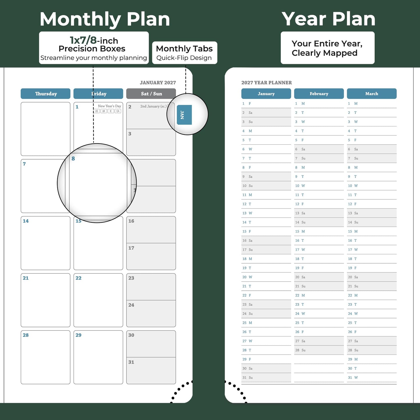 IN-LUXPRO Planner 2026-2027 Daily Weekly and Monthly,6.5"x3.75",18 Months Spiral Bound Calendar Agenda with Self-adhesive Pen Holder,2026 Academic Plan with Vegan Leather Soft Cover,Green