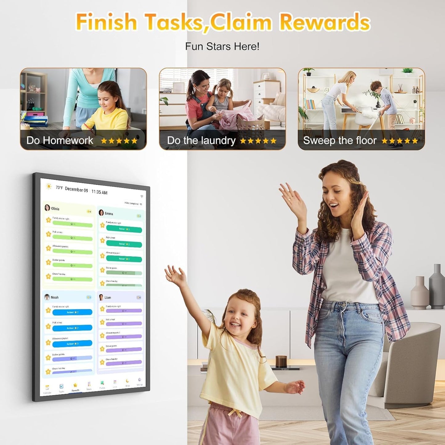 24" Digital Calendar Chore-Chart for-Family-Schedule - Interactive Touchscreen Display Electronic Calendar, Star Reward, Sync Google iCloud Outlook Calendar Via App, Wall Mount, Gift for Mother Father
