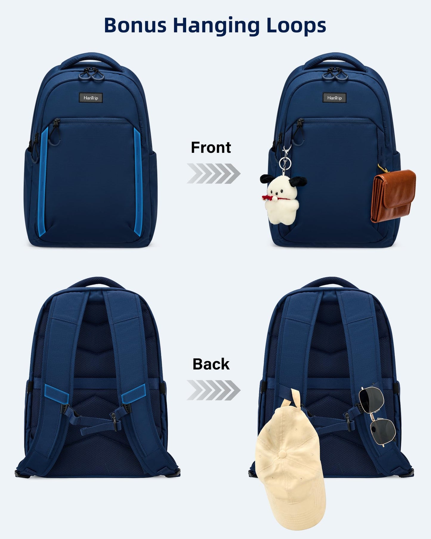HanTrip Travel Laptop Backpack for Women Men, 18 Inch Large Work Backpack for Commuter College School Book Bags, Water Resistant Backpack with Luggage Strap Water Bottle Pocket Chest Strap, Navy Blue