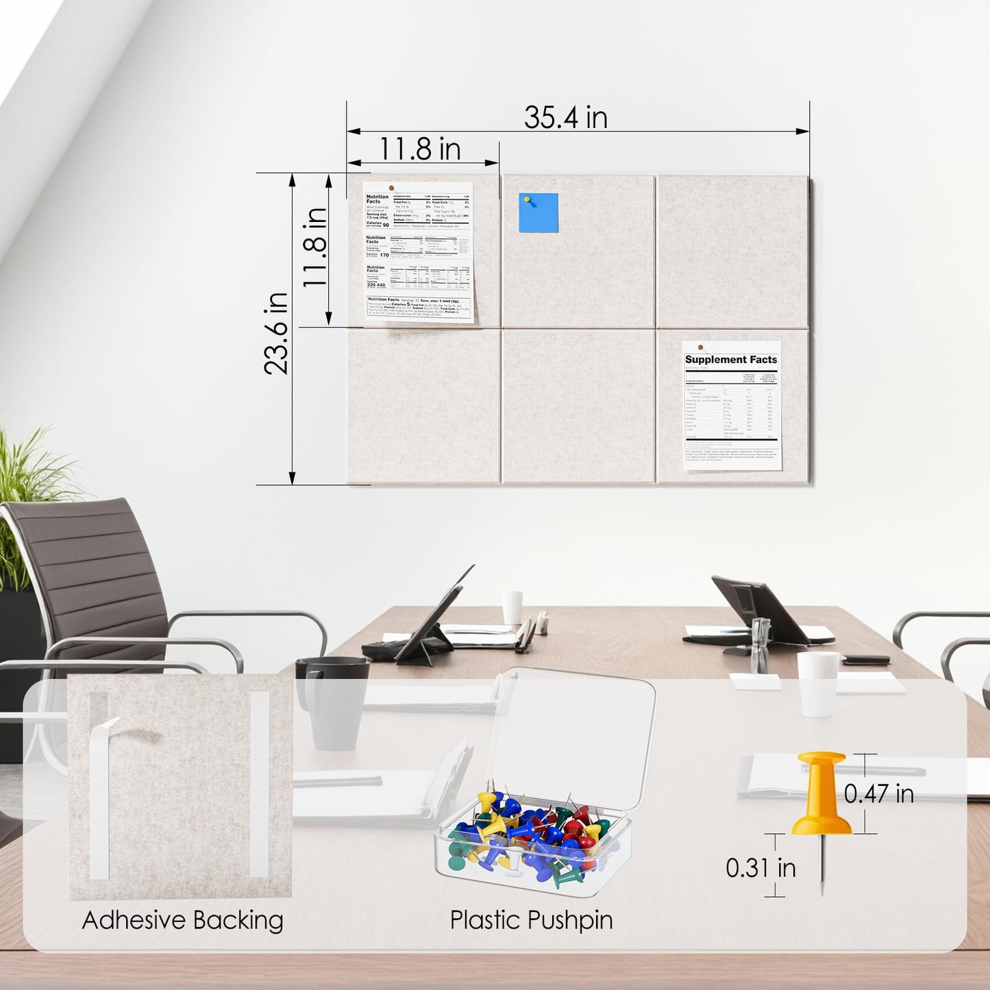 MaxGear Large Cork Board for Wall 36" x 24", Light Tan Bulletin Board, 6 Pack Felt Wall Tiles with Pushpins, Cork Boards for Office Pin Board Tack Board Cork Boards