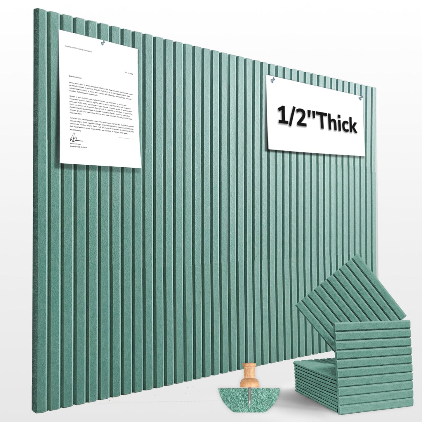 Large Cork Board for Office Decor, 48"x 36" - 1/2” Thick Felt Bulletin Board, 12 Pack Felt Board with Safe Removable Adhesive Tabs, Pin Board Cork Boards for Walls - Jade Green