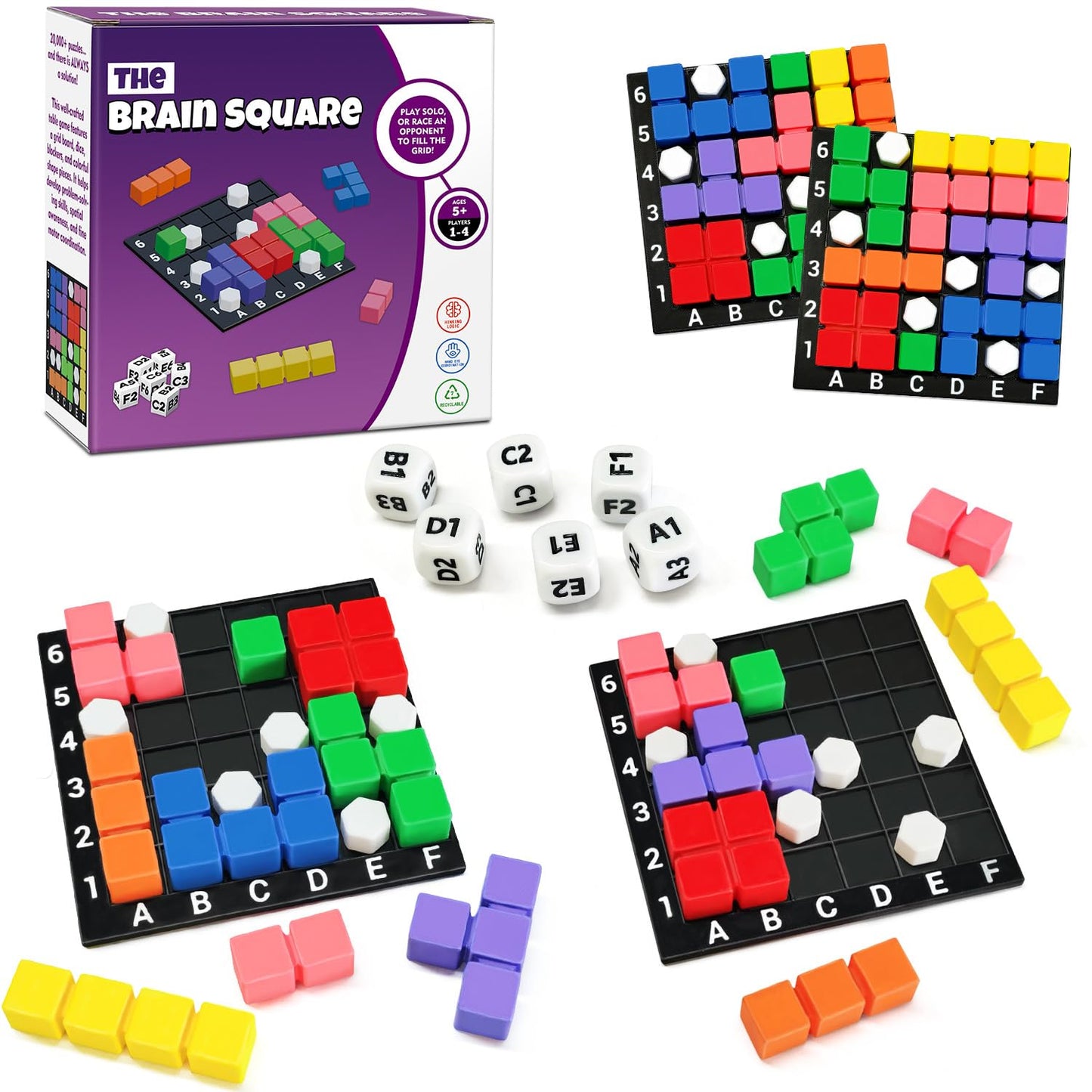 4 Players STEM Puzzle Game The Brain Square with 160000+ Solutions Pattern Matching Blocks Brain Teaser Toy Roll Dice & Race Your Opponent to Fill Grid for Kids Birthday Graduation