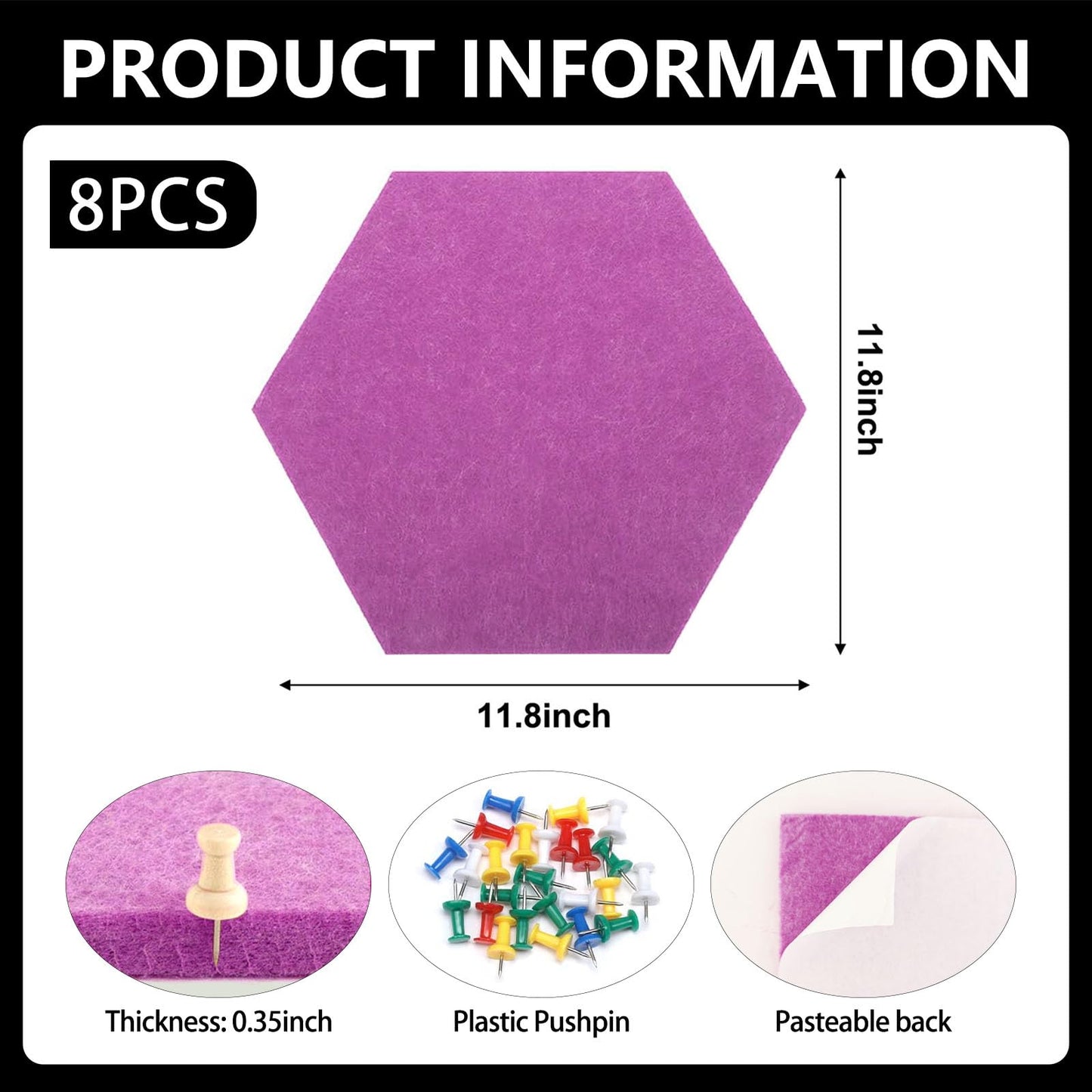 8 Packs Fuchsia Hexagon Felt Pin Board, 12" Bulletin Board with 30 Push Pins, Felt Board for Home Kitchen Office Decor, Self-Adhesive Corkboard Tiles for Walls Classroom Message Photos Memos Display