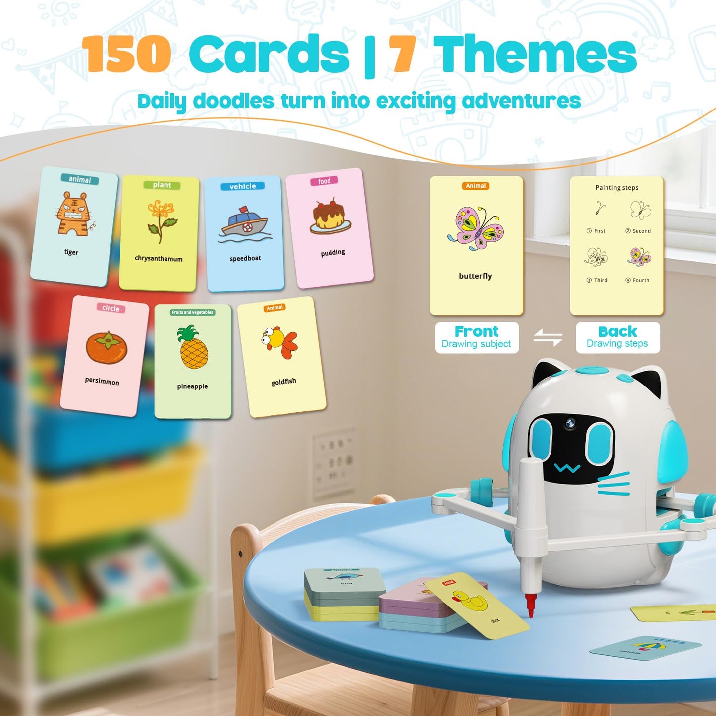 Drawing Robot for Kids with Camera Recognition, Smart Drawing Robot for Kids 3-8, Interactive Educational Drawing Machine with 150 Cards & 12 Colorful Pens, Christmas Birthday Gifts for kids Ages 3+