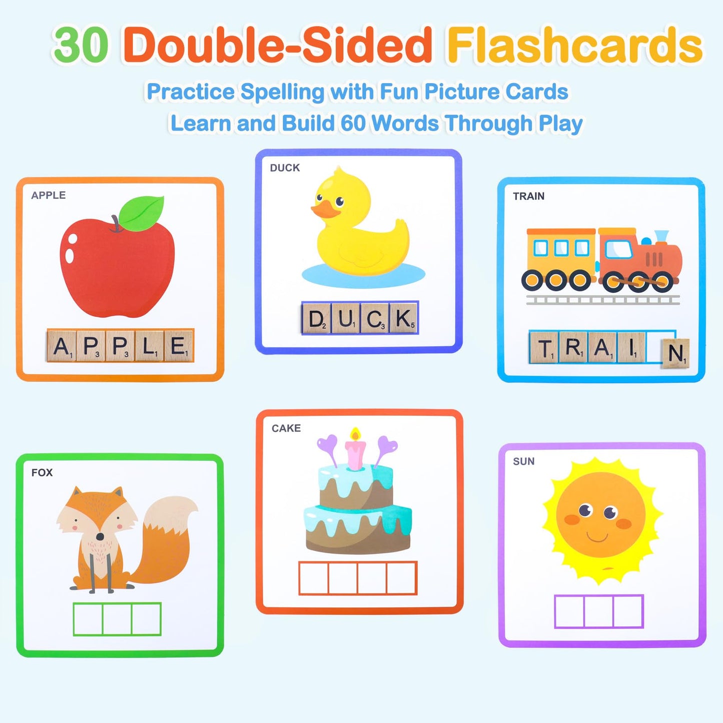 Humerry Spelling Game for Kids Ages 3-8, Word Building & Sight Word Games, Phonics Learning Toy with 100 Wooden Letter Tiles & 30 Double-Sided Flashcards, Preschool Kindergarten Early Reading Game