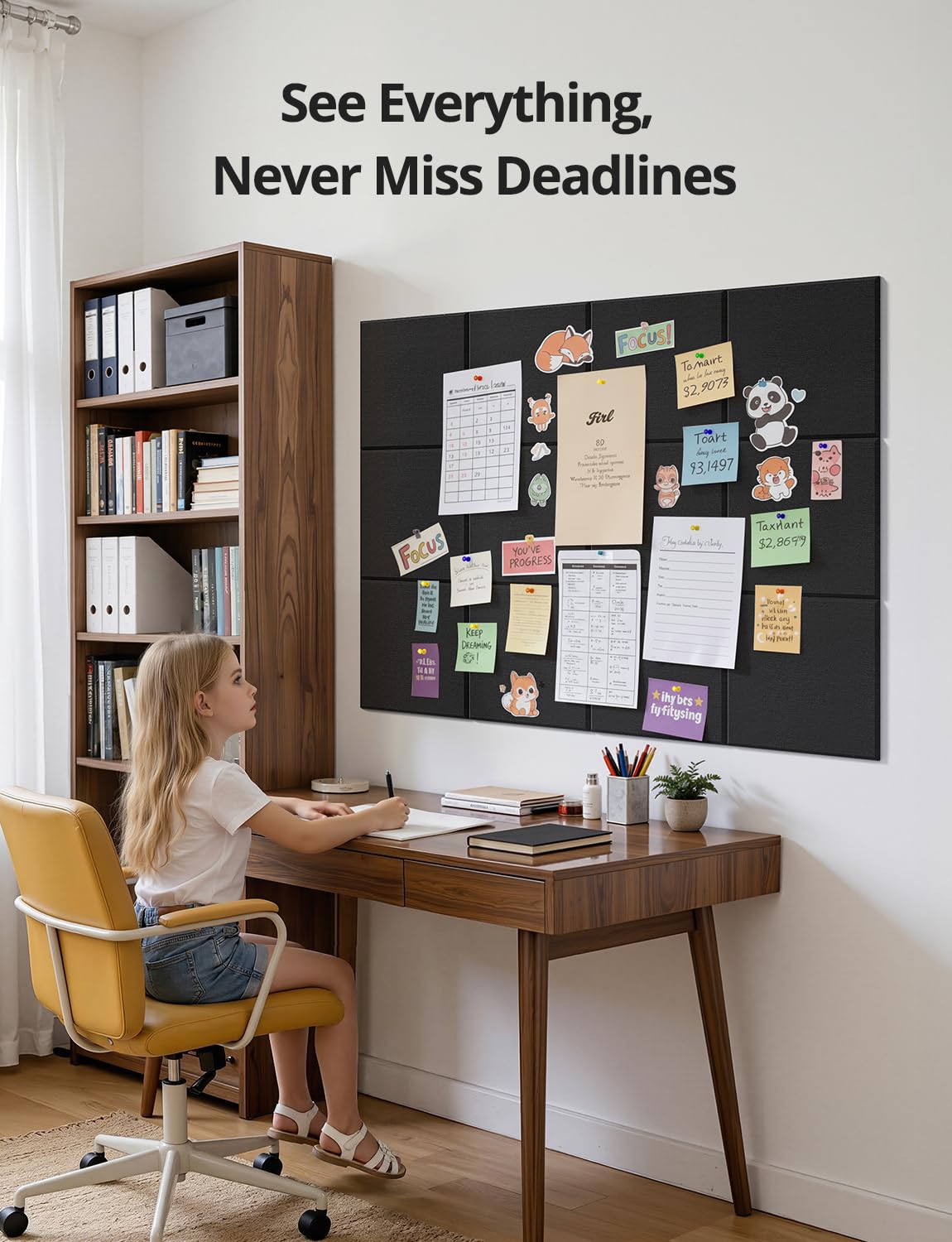 Kuchoow Large Felt Bulletin Cork Board Self-Adhesive Black Squares Pin Wall Tiles, 48'' x 36'' Vision Tack Panels for Classroom Office Display 12 Pack Corkboard for Kitchen Bedroom Home Decor