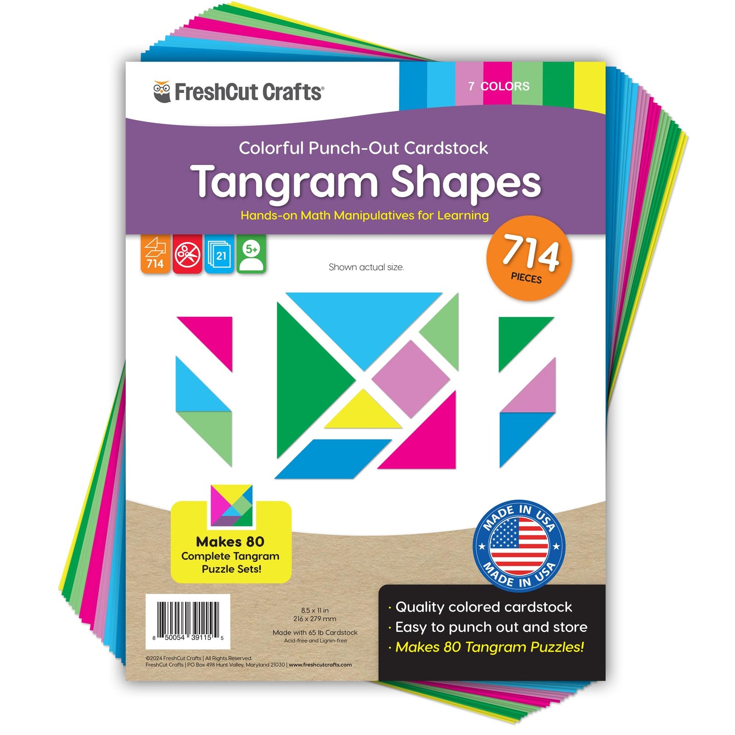 714 Pcs Tangram Shapes Easy Punch-Out Math Manipulatives for Learning Multicolor Triangles, Squares, Parallellograms Easy-Punch Paper Shape Cutouts in 7 Bright Colors US Made Card Stock