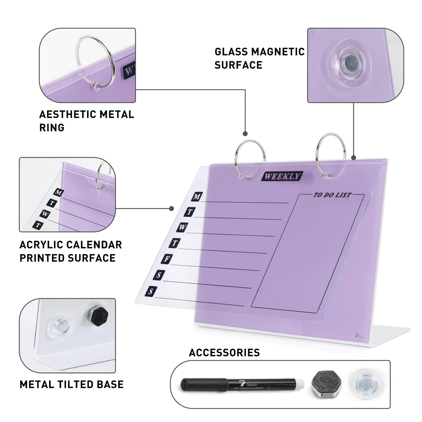Desktop Glass Dry Erase & Acrylic Aesthetic Desk Calendar Weekly To-do List Combo, Small Magnetic Standing Whiteboard, Desk Flip Easel Calendar with Accessories for Home Office Supply, Purple, 9 x 7''