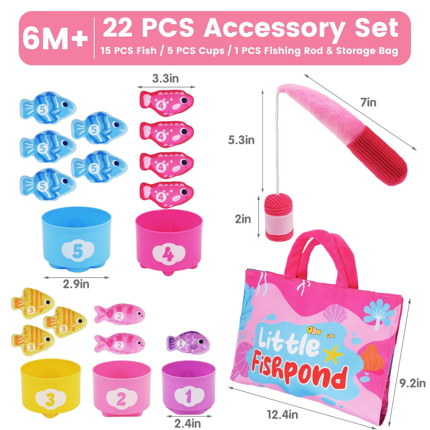 Montessori Toys for 1 Year Old Girl Gifts - Cloth Fishing Game with Stacking Cups Toddler Toys Age 1-2 - One Year Old Boy Girl First Birthday Gift - Sorting Learning Baby Toy 12-18 Months Toddlers 1-3