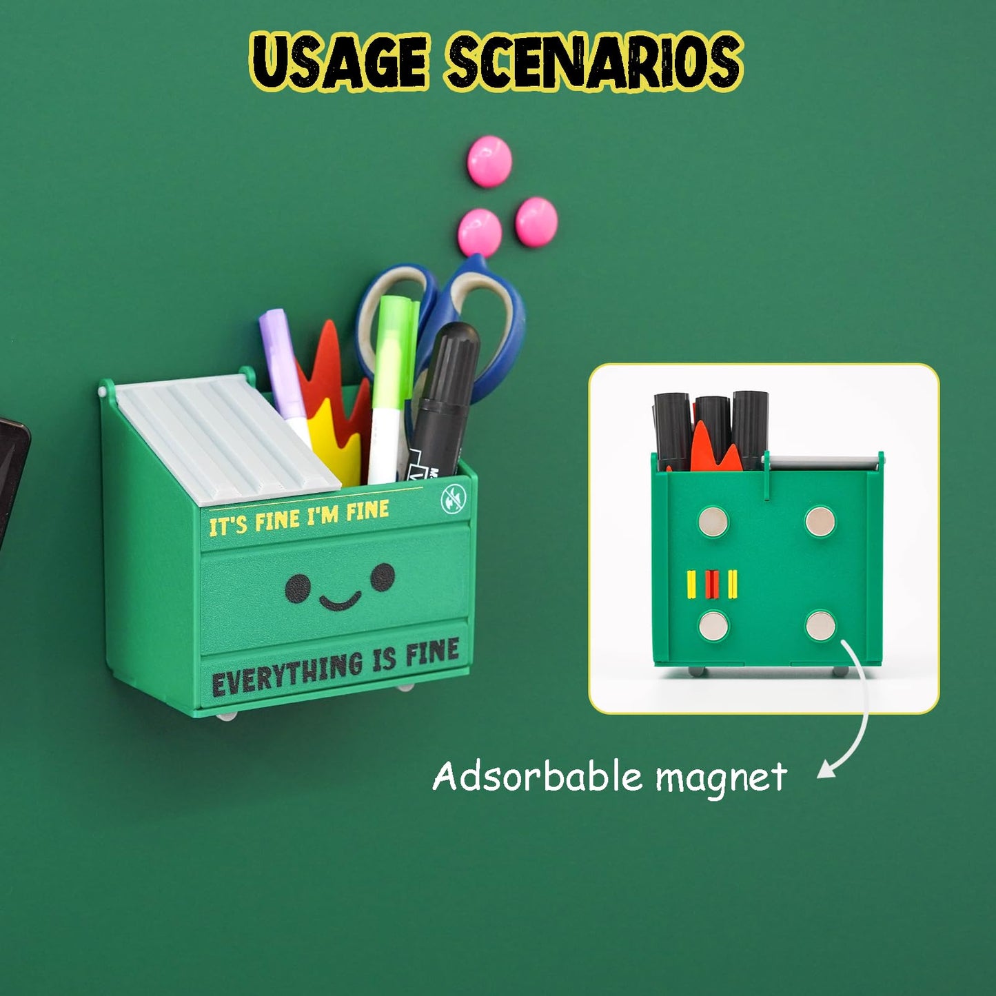 Tian Zhun Dumpster Fire Magnetic Pen Holder Funny Magnetic Pencil Holder Magnetic Locker Organizer for Refrigerator Whiteboard Home Office Hospital Big Marker Pen Storage 4.73 x 4.3 x 2.75 Inch