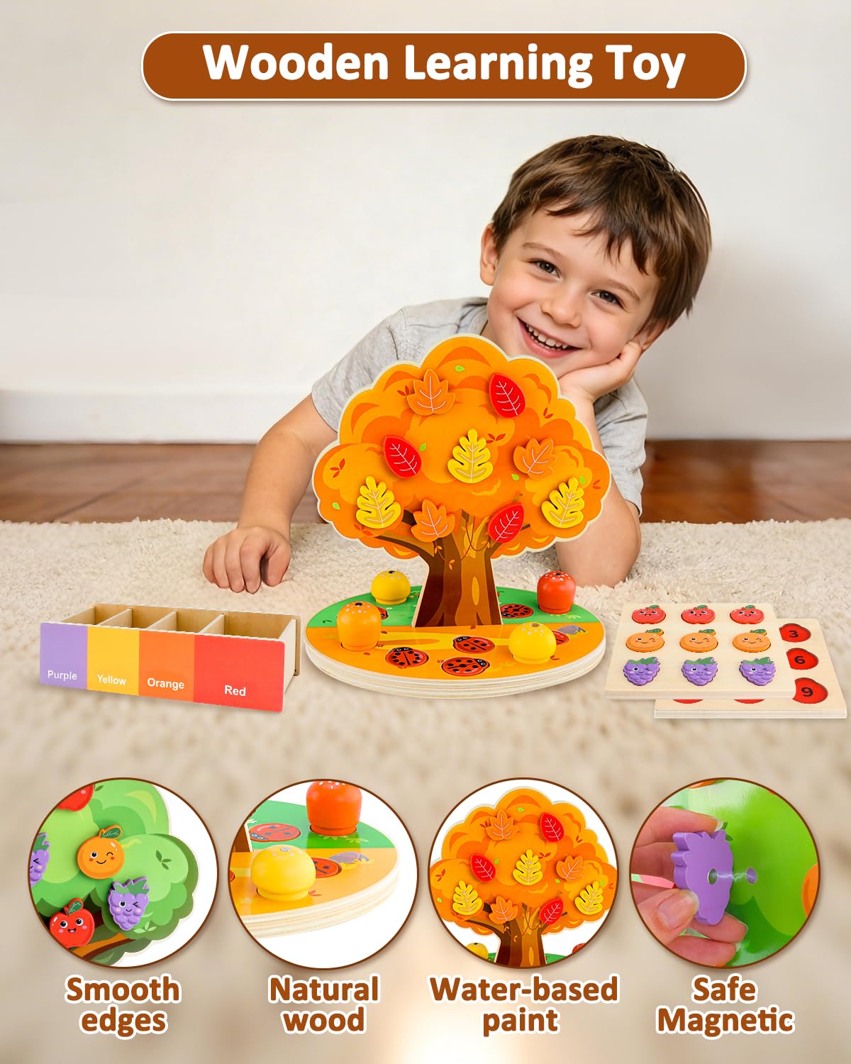 WoodsyJoy Montessori Toys for Toddlers 3-5, Wooden Sorting & Sensory Toy, Fine Motor Skills Learning Toy with Magnetic Apple Tree, Counting Ladybugs, Preschool Educational Toys for Kids