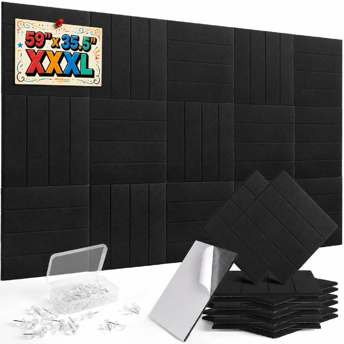 Large Felt Bulletin Board 59" x 35.5" 15 Pack Self-Adhesive Modular Felt Tiles, Cork Board Alternative for Wall, Acoustic Soundproof Panels for Home Office Classroom Decor with 50 Push Pins(Black)