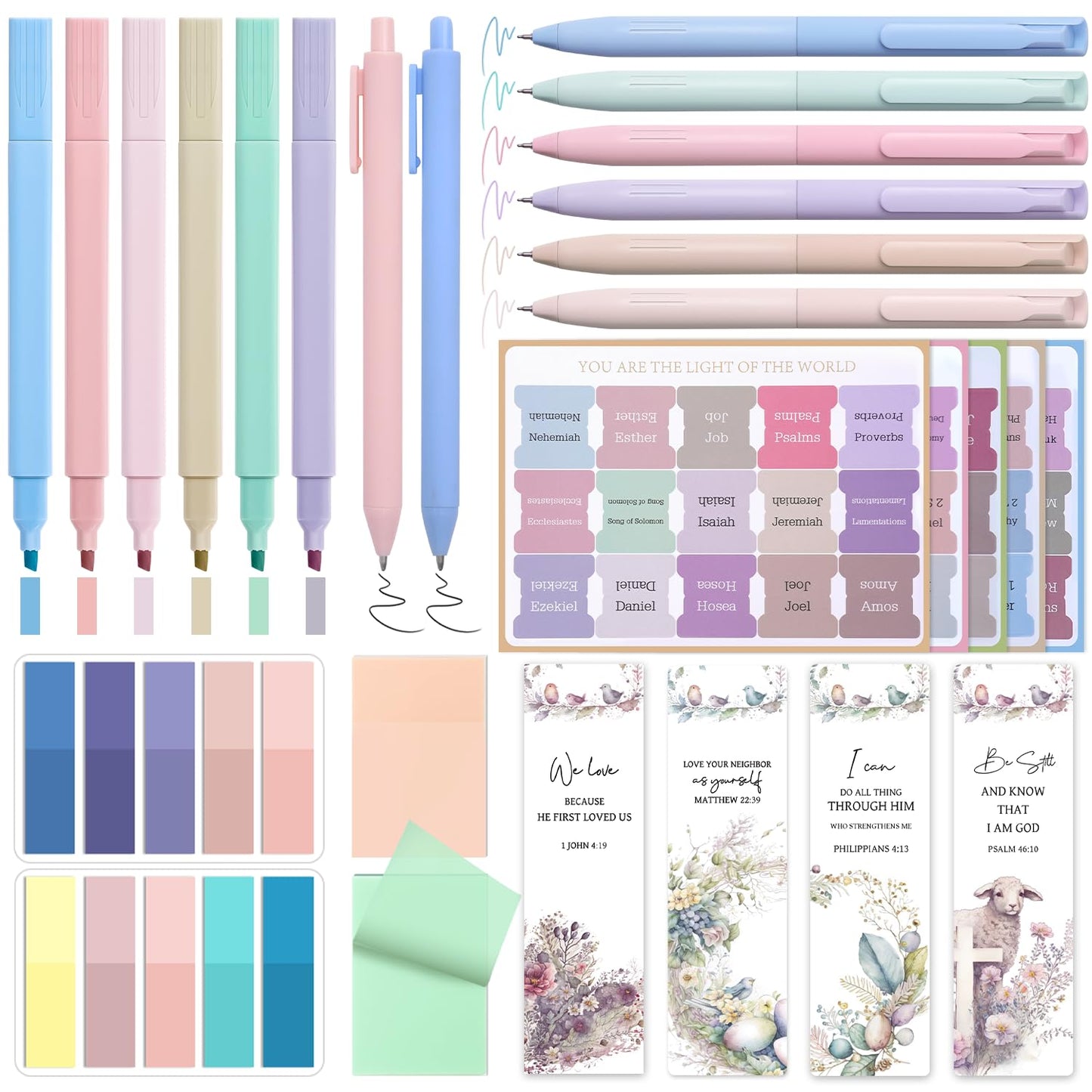 Bible Study Supplies Journaling Kit for Women, Bible Study Kit with 14 No Bleed Highlighters and Pens, 2 Transparent Sticky Notes, 2 Index Stickers, 75 Tabs for Christian Gifts