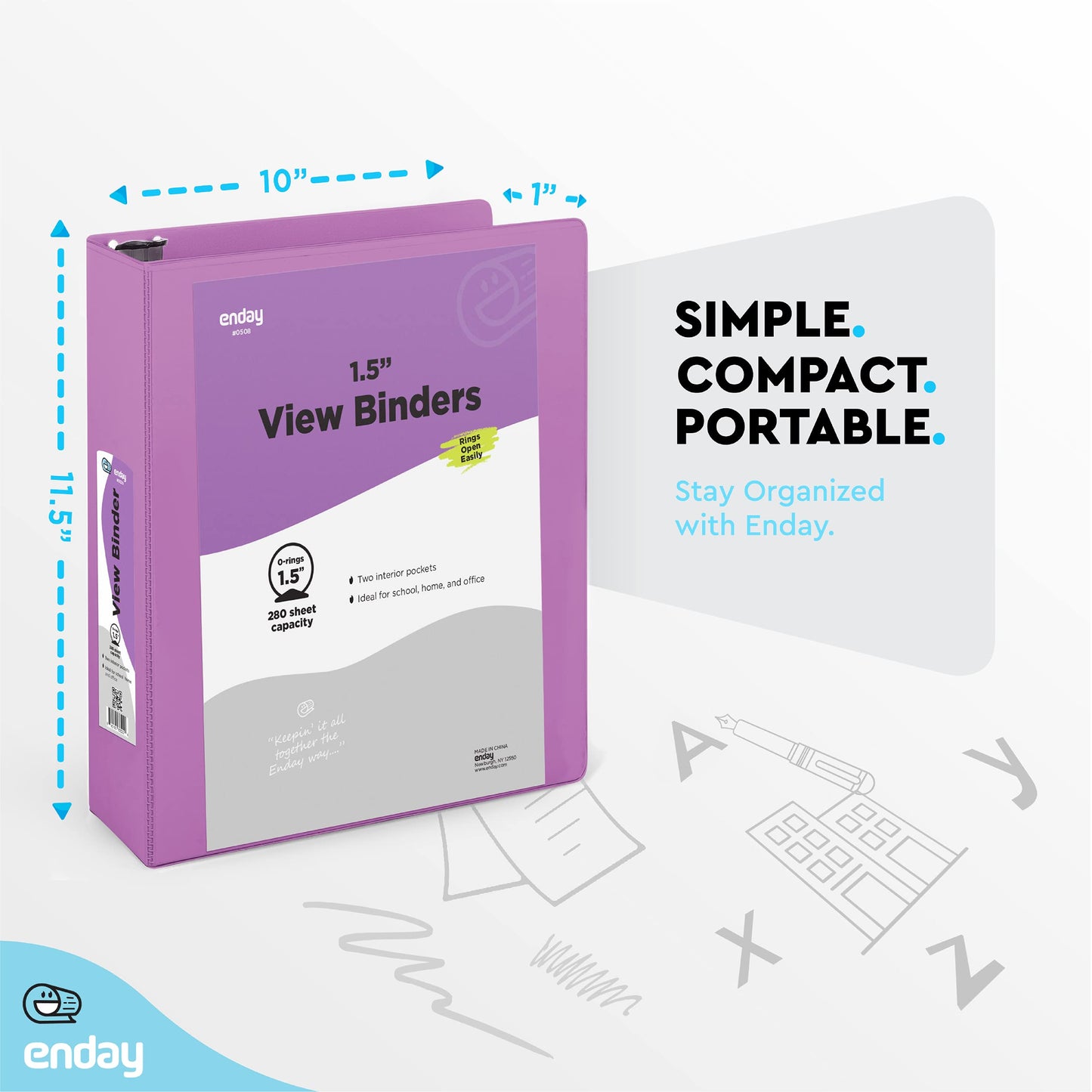 Enday 3 Ring Binder 1.5 Inch, Purple Heavy Duty Three Ring Binder, 325 Sheets Capacity - 1.5 Inch Binder for Home School and Office