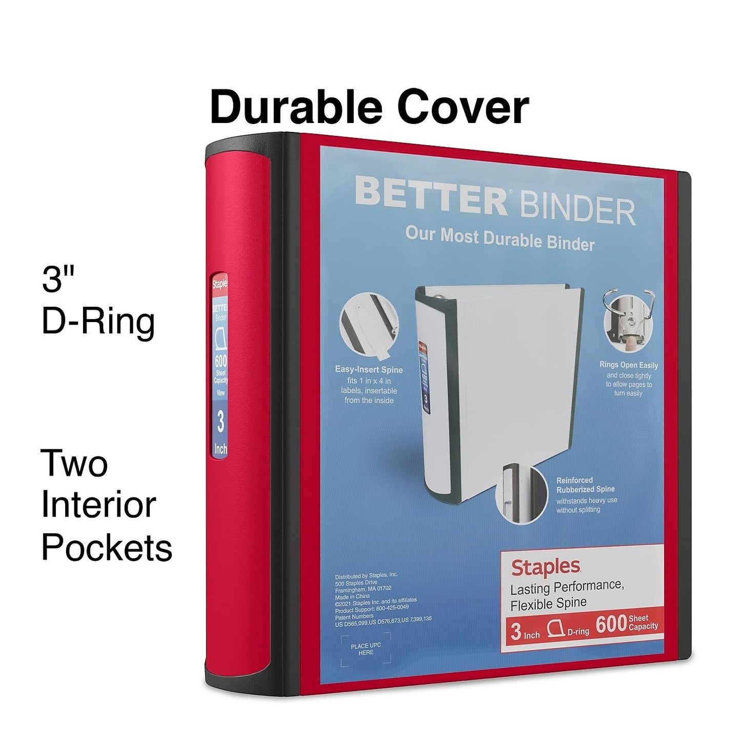 Staples Heavy-Duty 3-Inch D-Ring Binder, Red – 3-Ring Binder with Vinyl Cover, Holds Up to 600 Sheets for School & Office