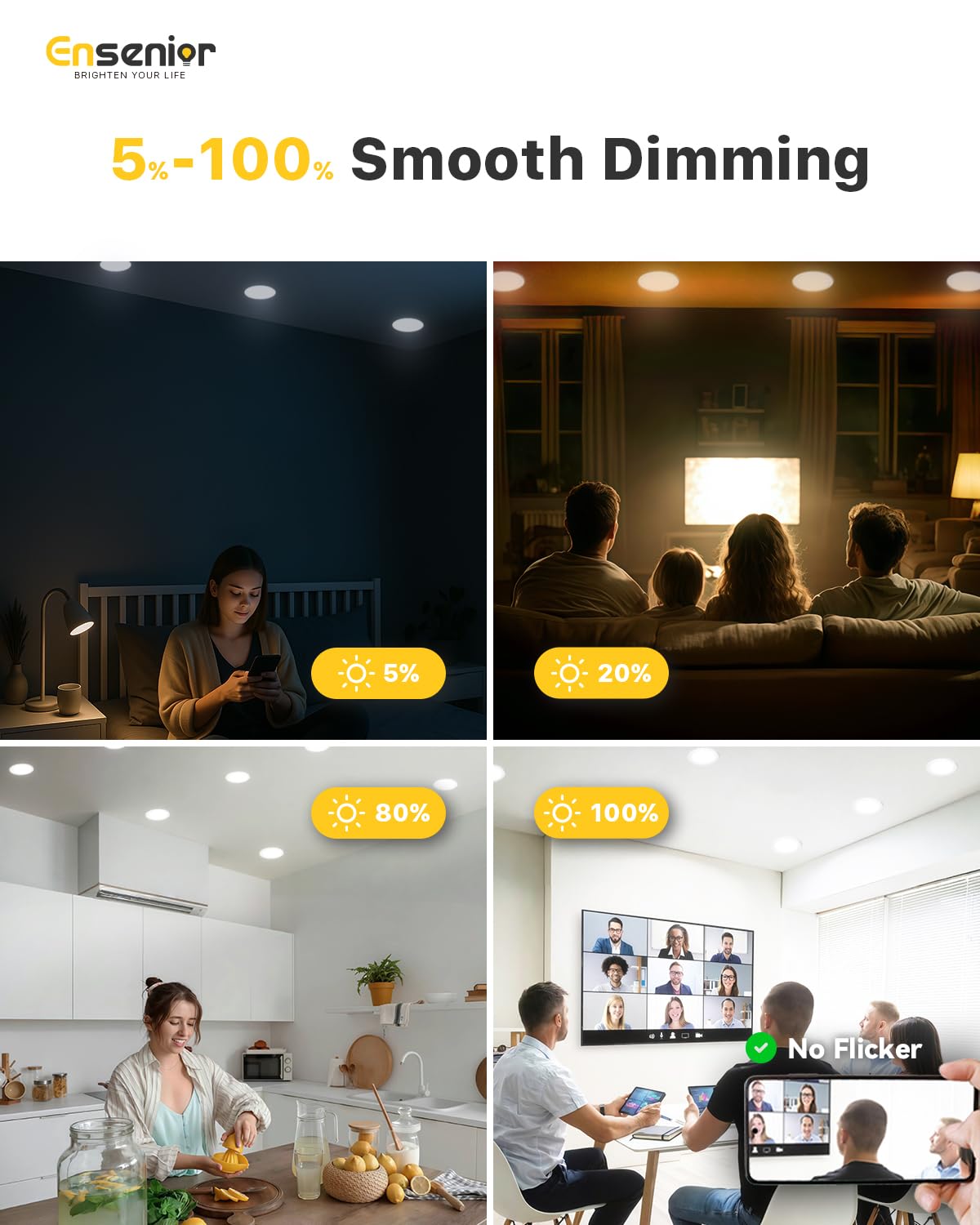 Ensenior 4 Inch LED Recessed Light, Dimmable 2700K-5000K, 750LM, Aluminum, Model WM25W27V40KDP0,